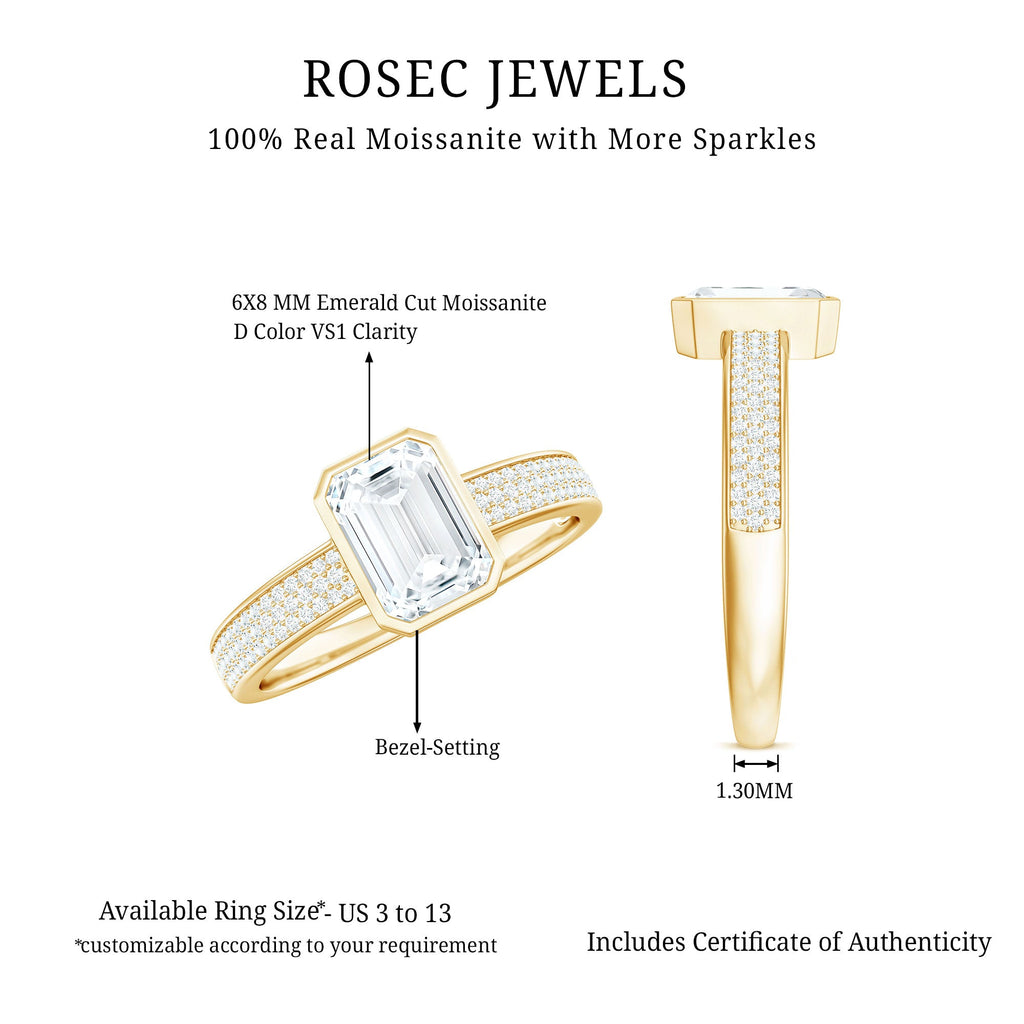 1.8 Carat Emerald Cut Moissanite Bezel Set Engagement Ring with Side Stones