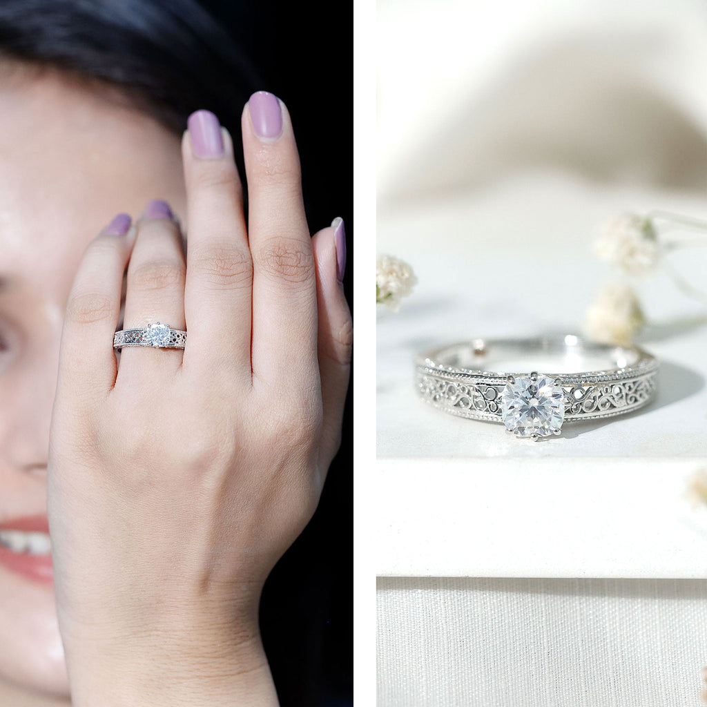 Cushion Cut Solitaire Moissanite Engagement Ring with Filigree Detail