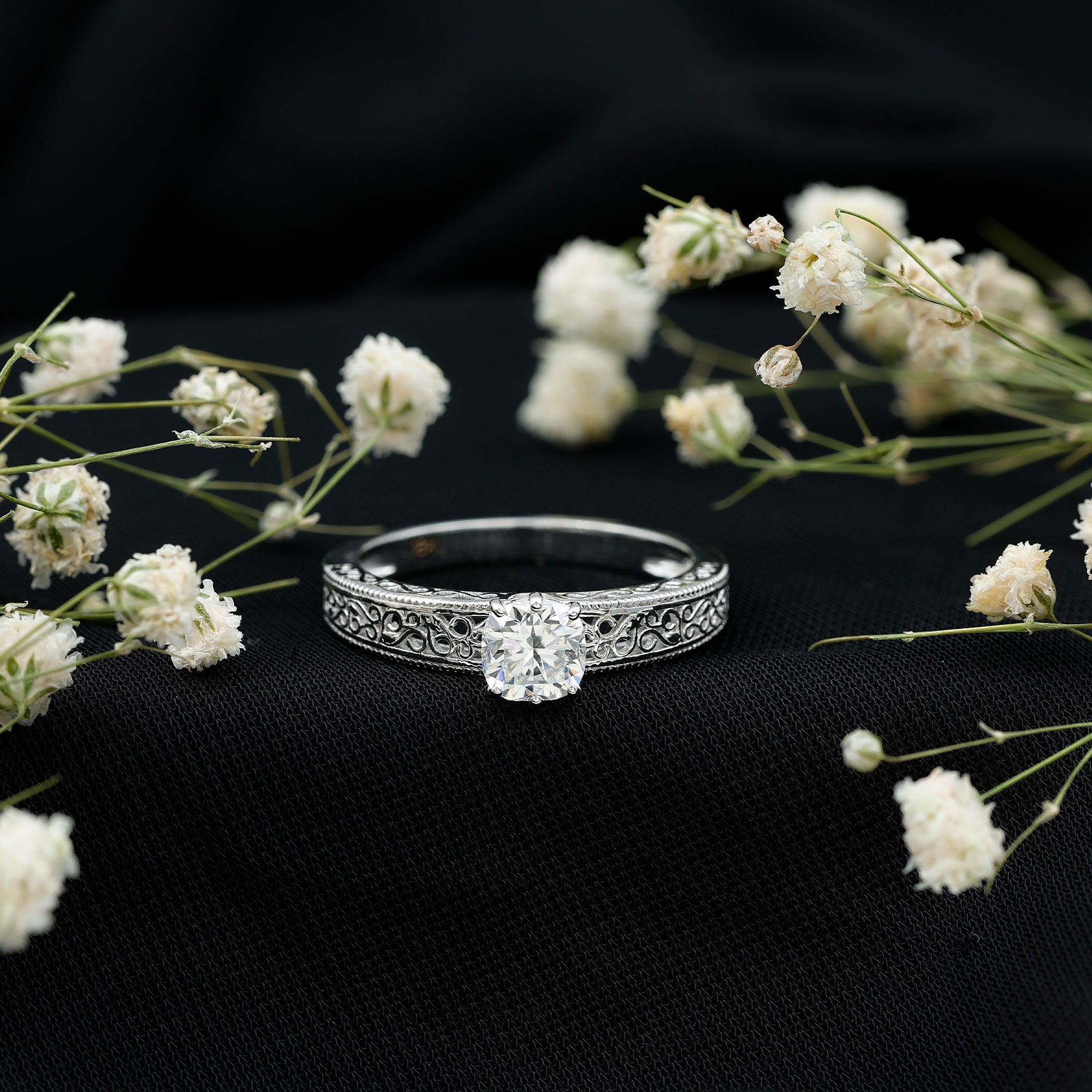 Cushion Cut Solitaire Moissanite Engagement Ring with Filigree Detail