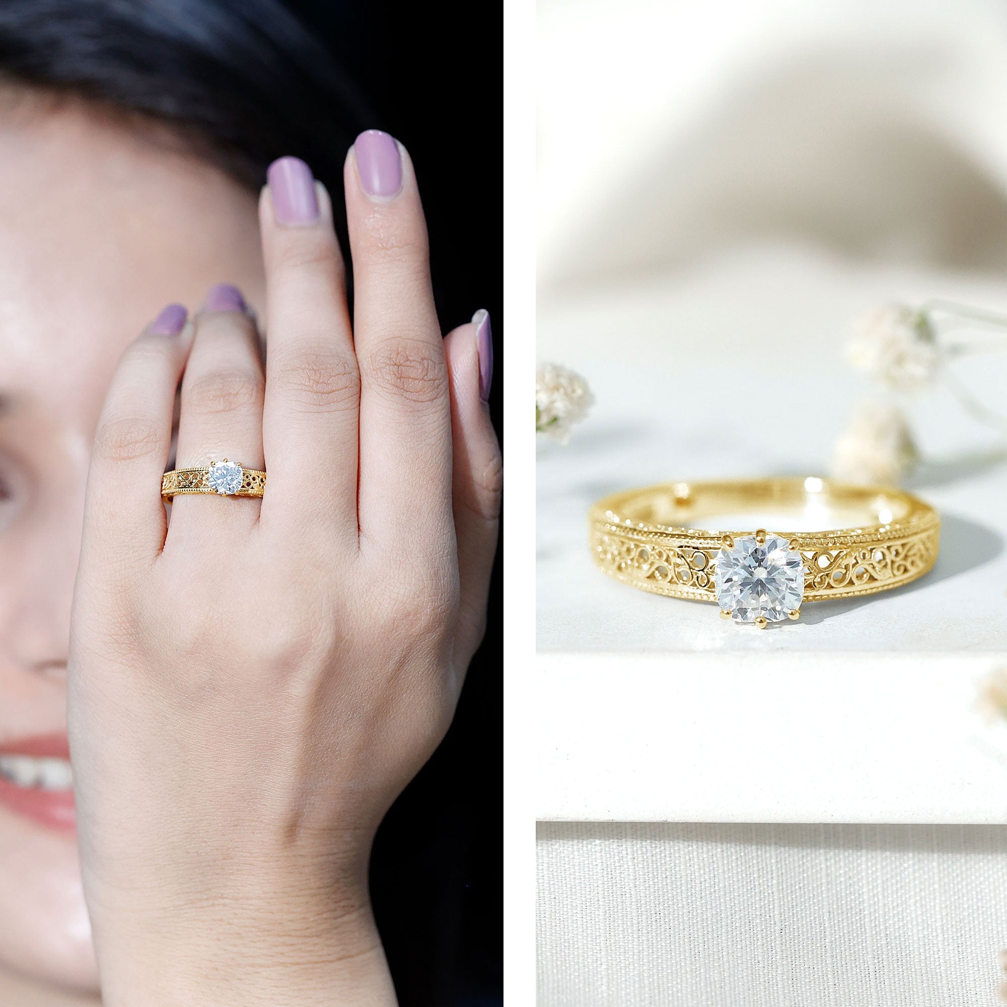 Cushion Cut Solitaire Moissanite Engagement Ring with Filigree Detail