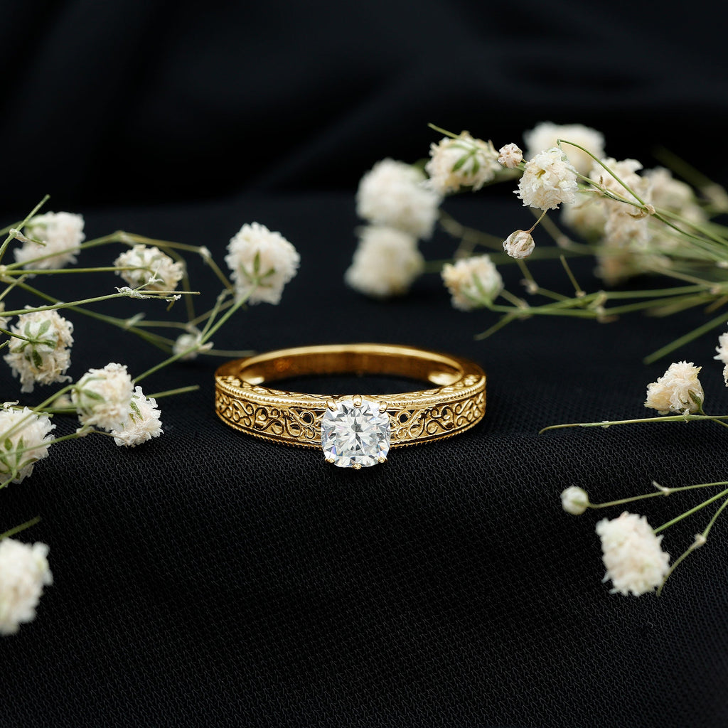 Cushion Cut Solitaire Moissanite Engagement Ring with Filigree Detail