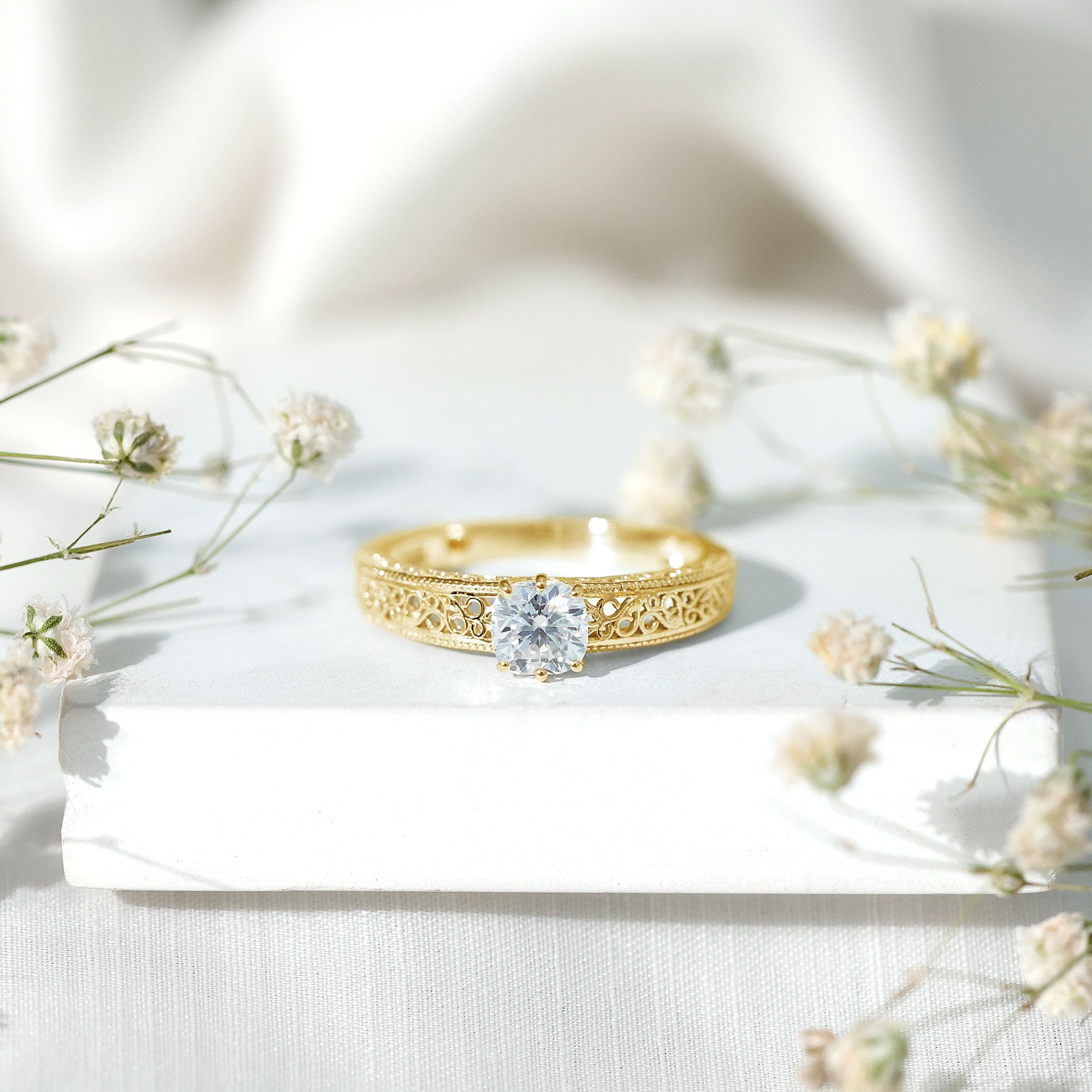 Cushion Cut Solitaire Moissanite Engagement Ring with Filigree Detail