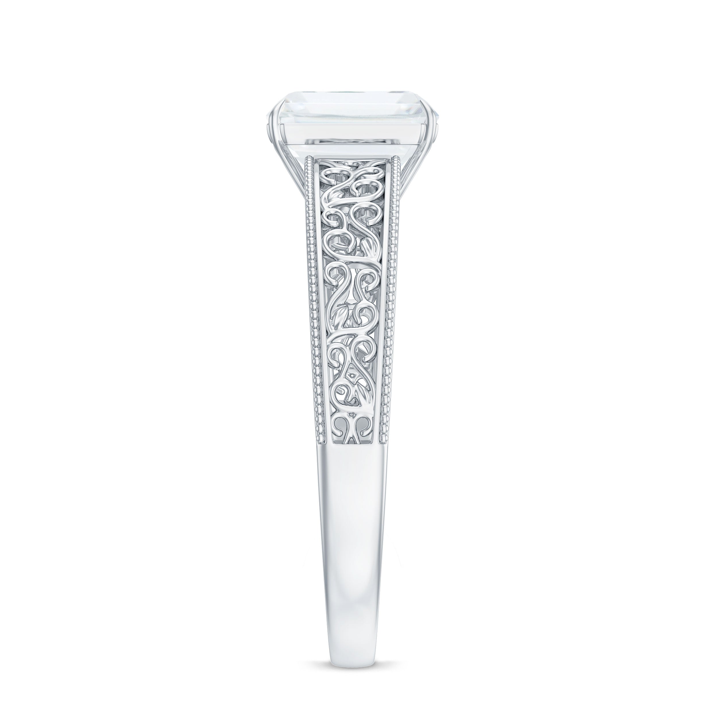Certified Emerald Cut Moissanite Filigree Engagement Ring for Women