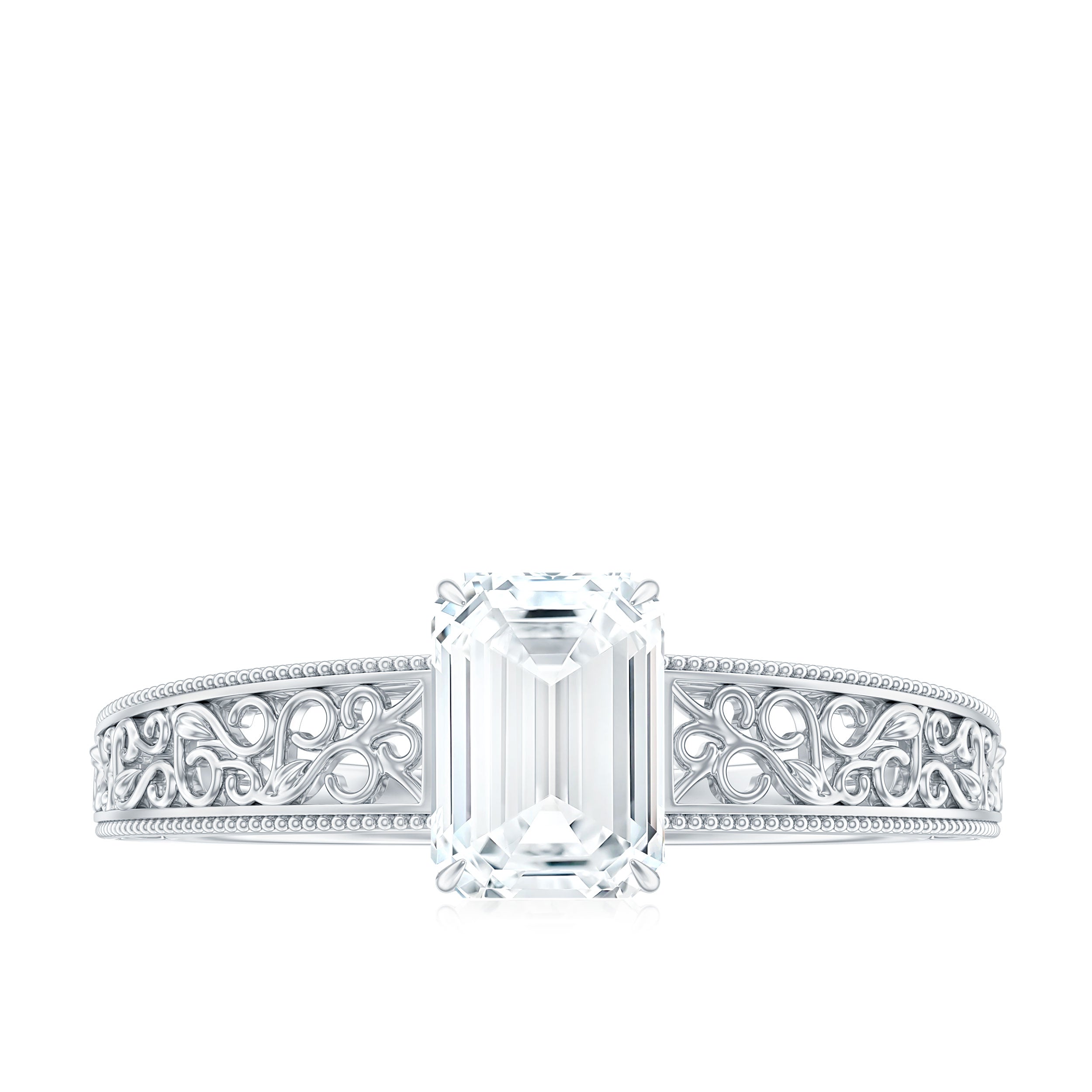 Certified Emerald Cut Moissanite Filigree Engagement Ring for Women