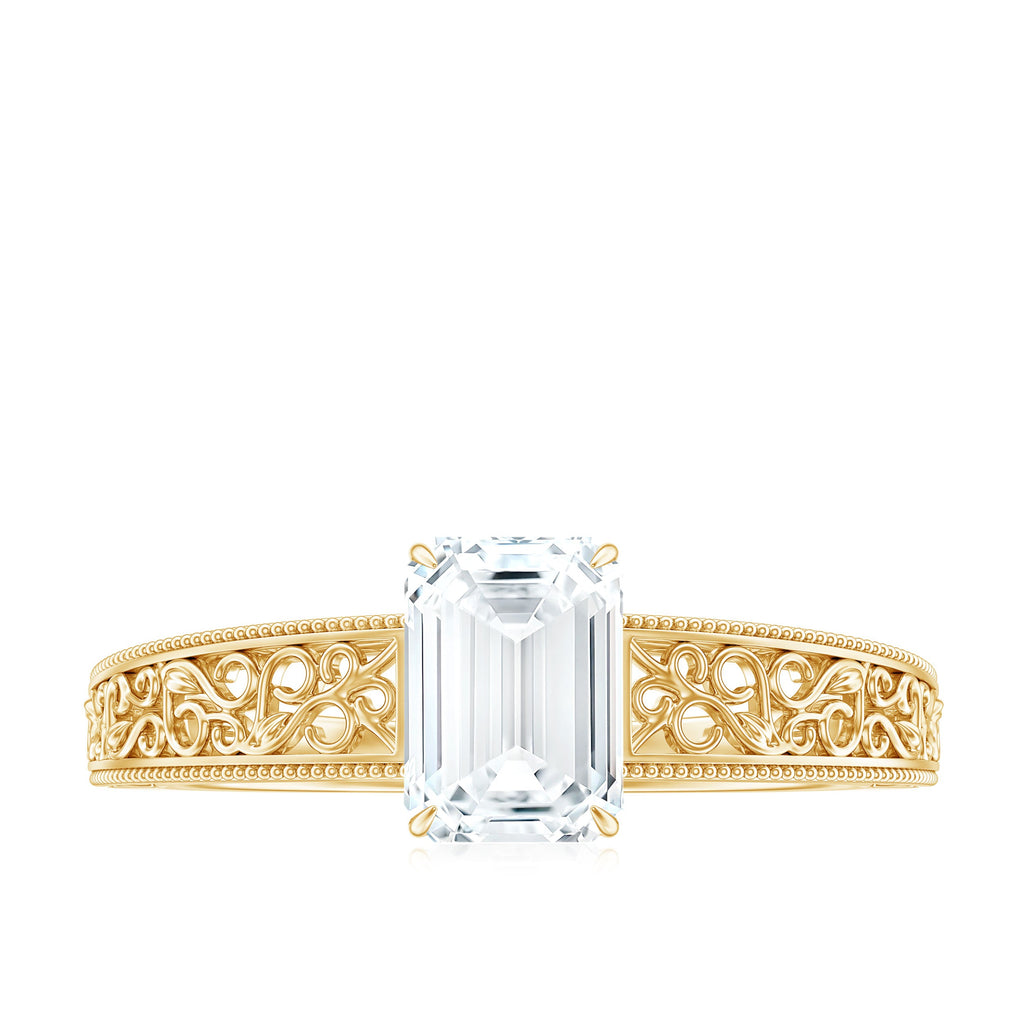 Certified Emerald Cut Moissanite Filigree Engagement Ring for Women