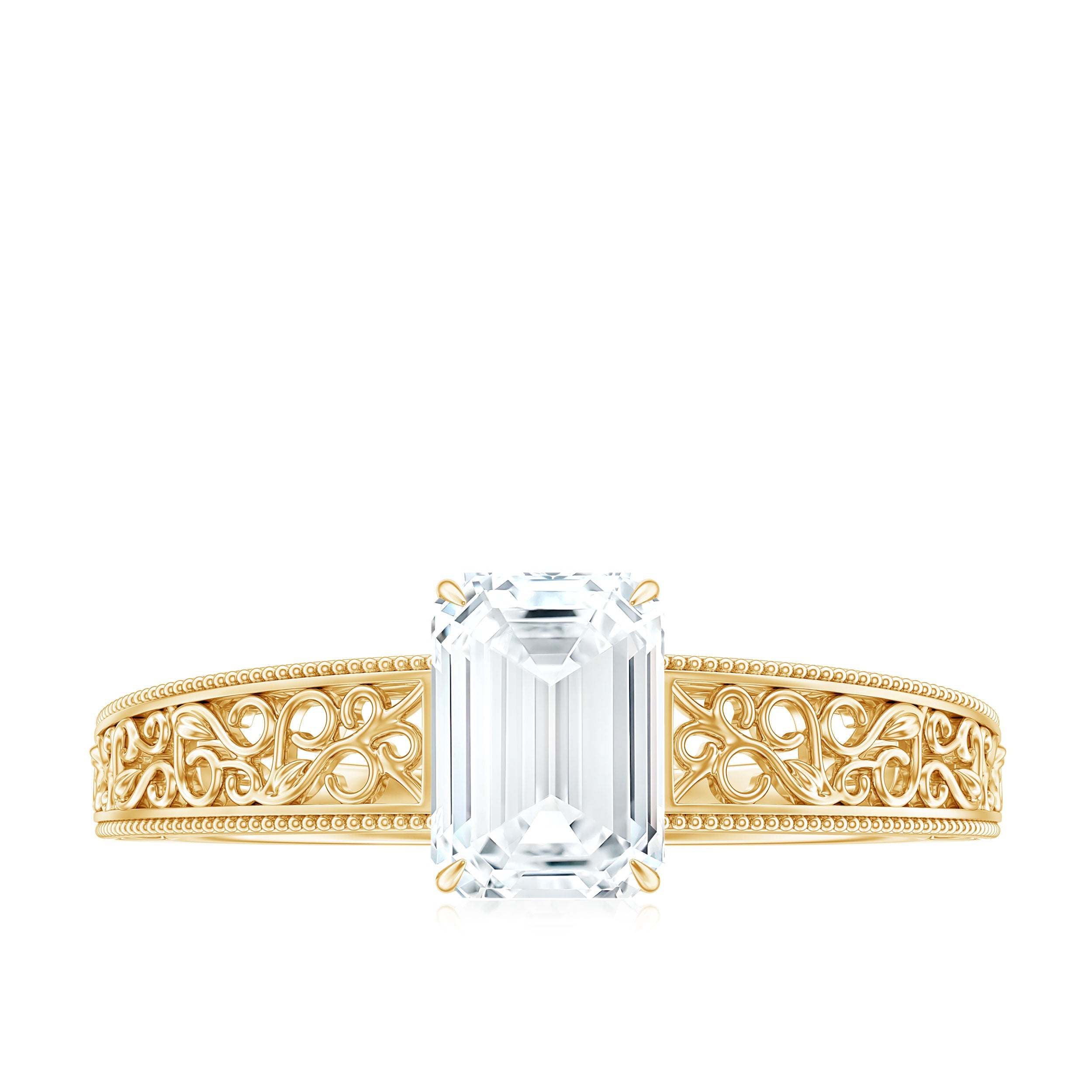 Certified Emerald Cut Moissanite Filigree Engagement Ring for Women