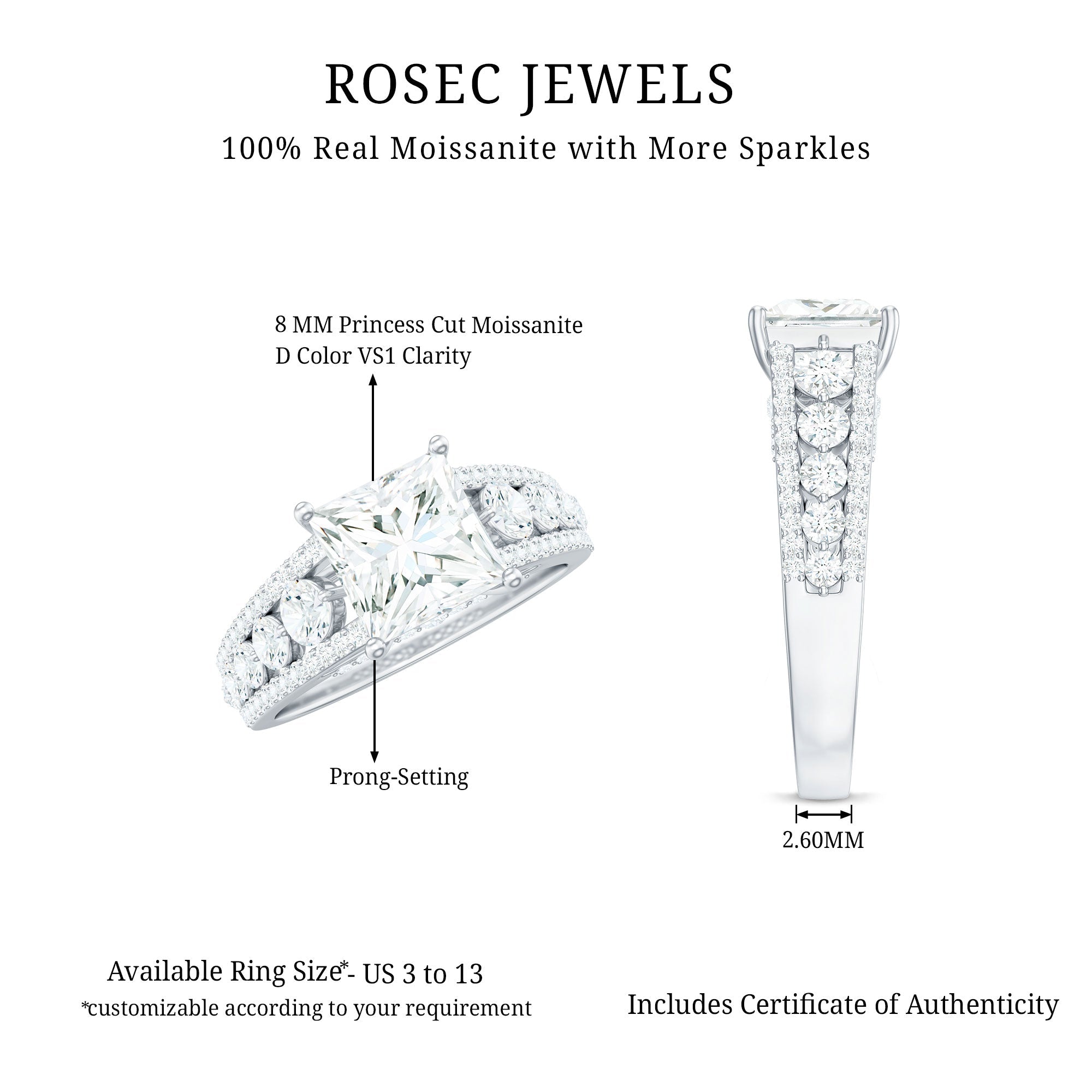 Princess Cut Moissanite Engagement Ring with Side Stones