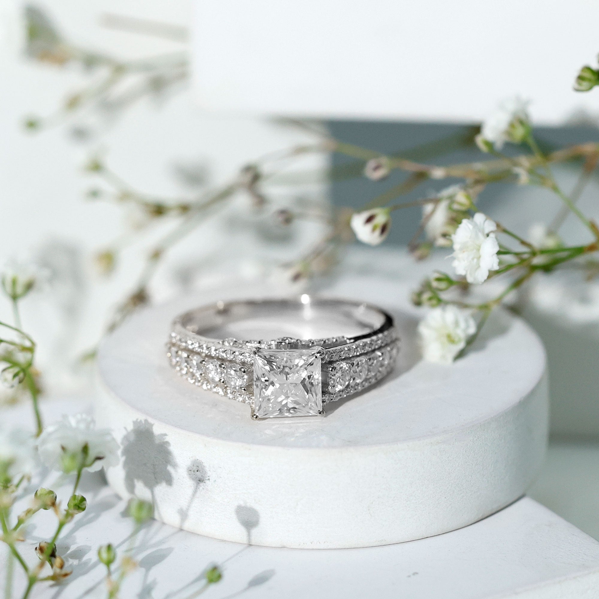 Princess Cut Moissanite Engagement Ring with Side Stones