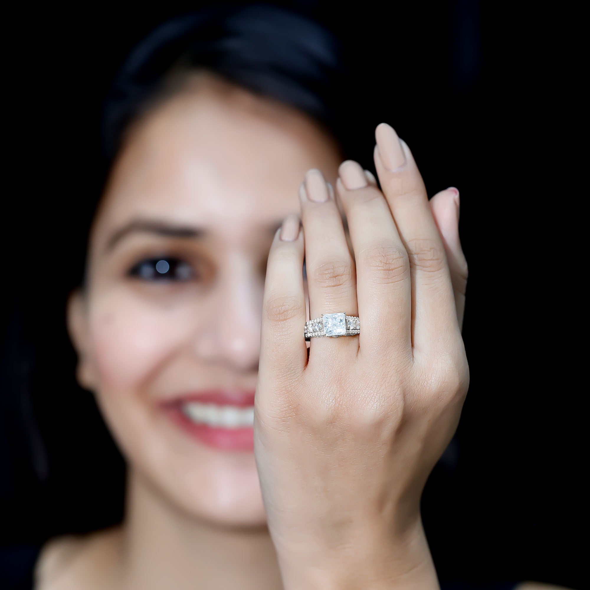 Princess Cut Moissanite Engagement Ring with Side Stones