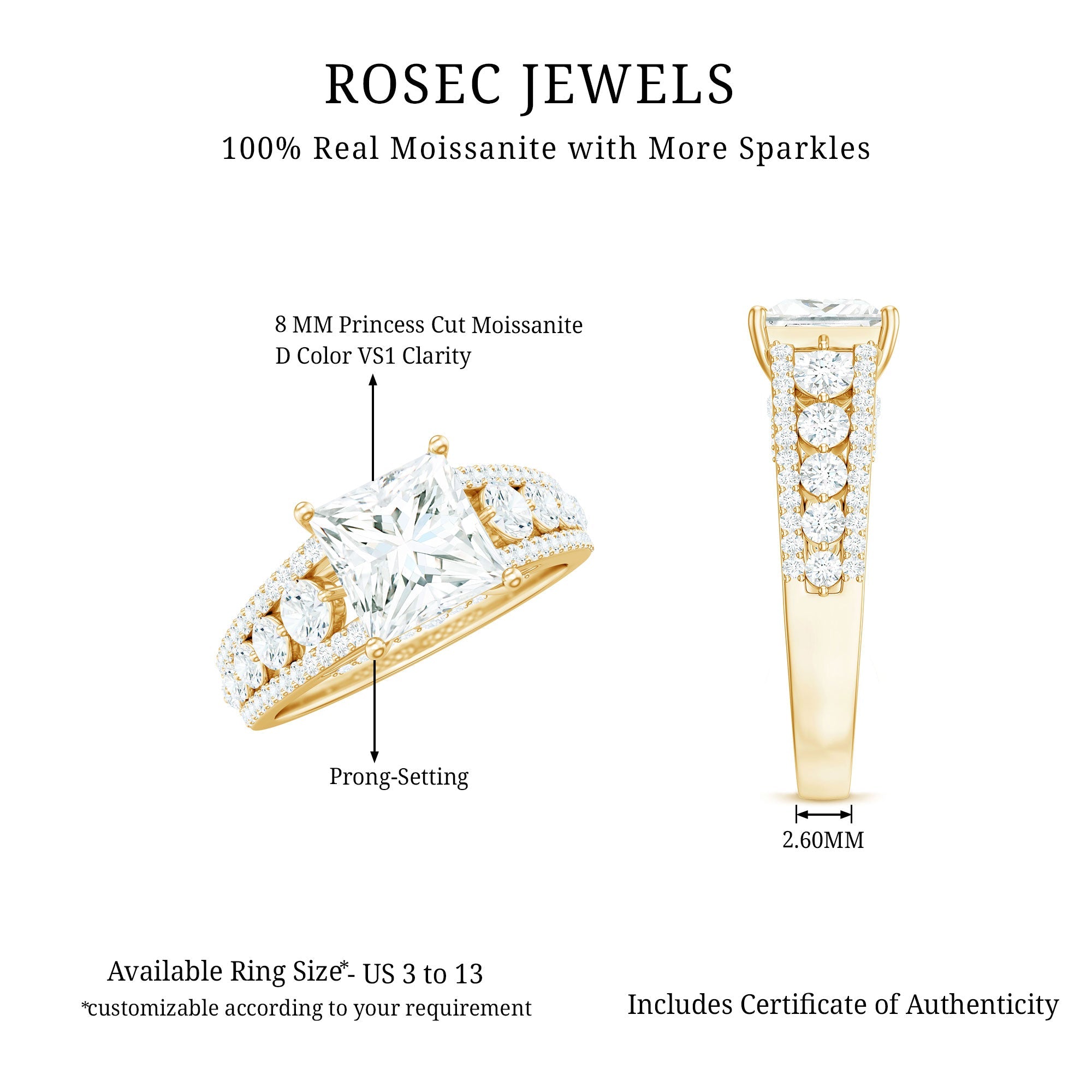 Princess Cut Moissanite Engagement Ring with Side Stones