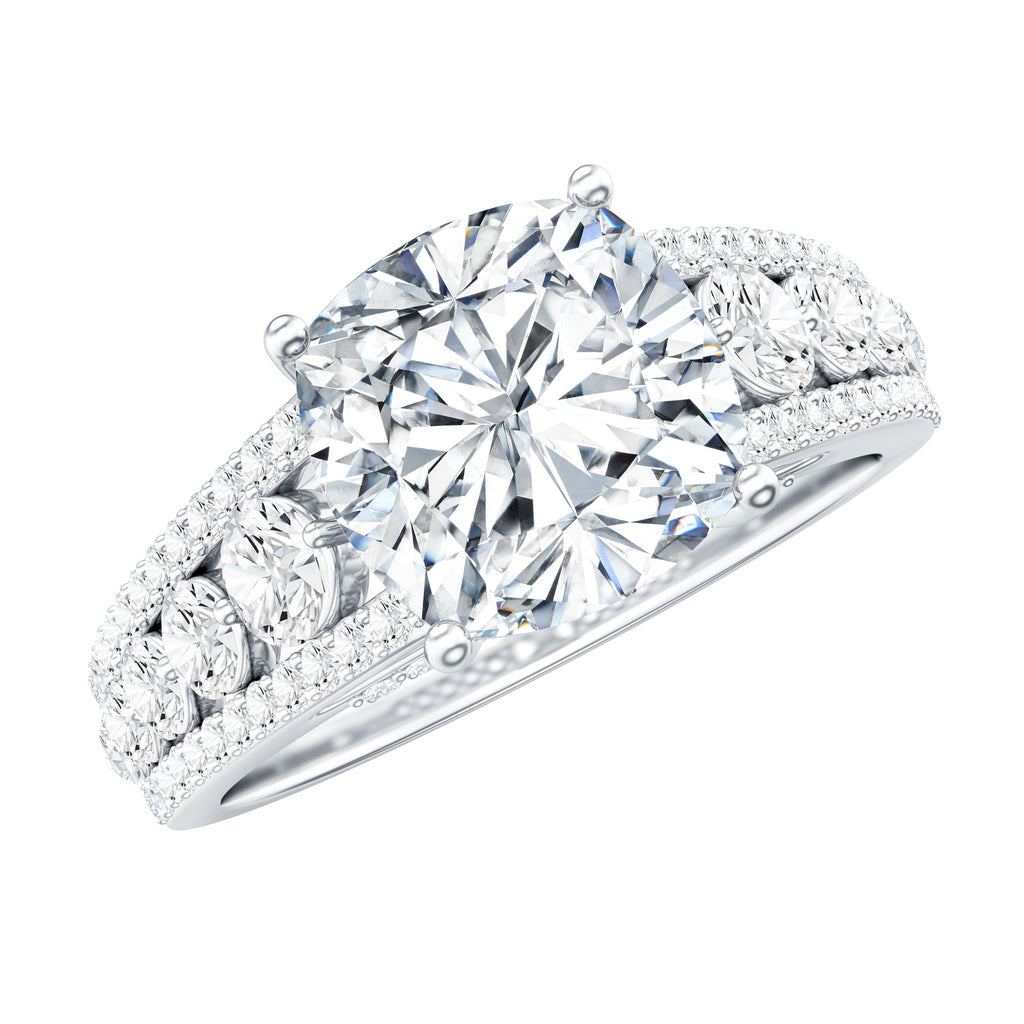 3 Carat Cushion Cut Moissanite Engagement Ring with Side Stones