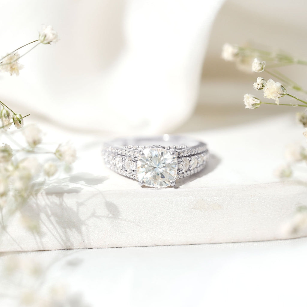 3 Carat Cushion Cut Moissanite Engagement Ring with Side Stones