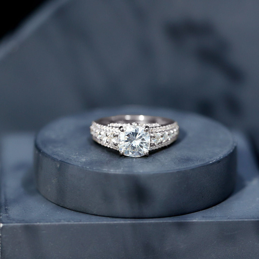 3 Carat Cushion Cut Moissanite Engagement Ring with Side Stones