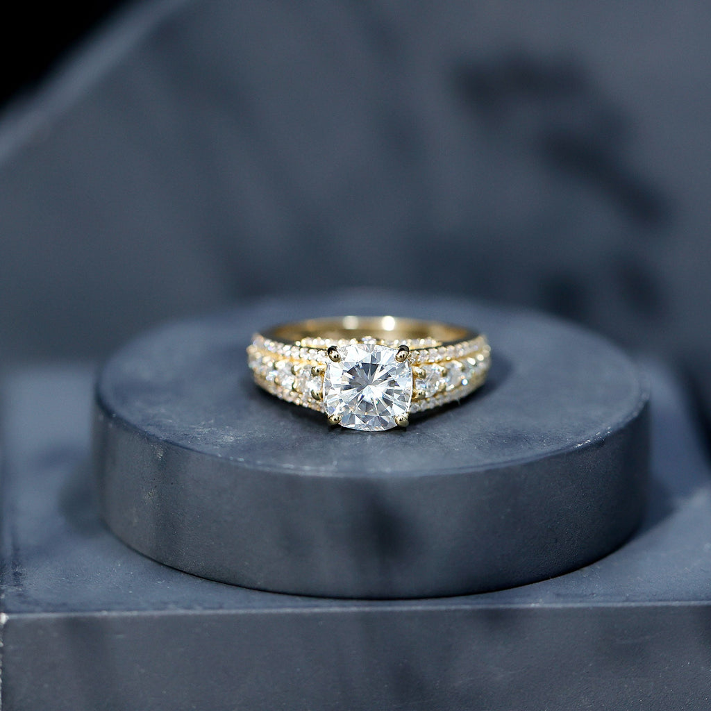 3 Carat Cushion Cut Moissanite Engagement Ring with Side Stones