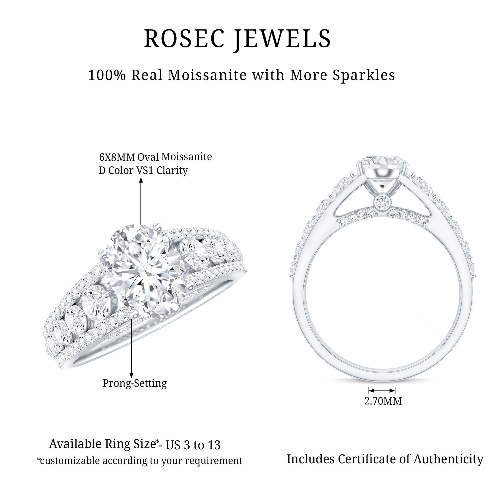 Certified Moissanite Oval Engagement Ring with Side Stones
