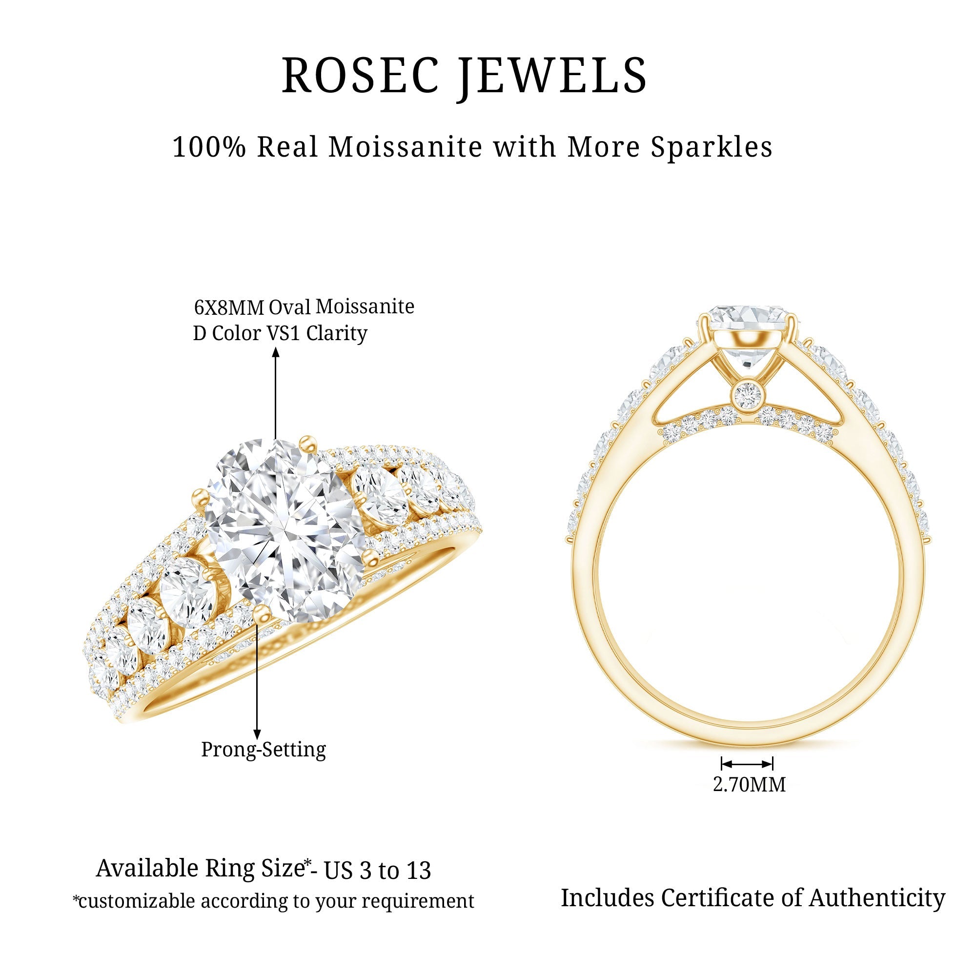 Certified Moissanite Oval Engagement Ring with Side Stones