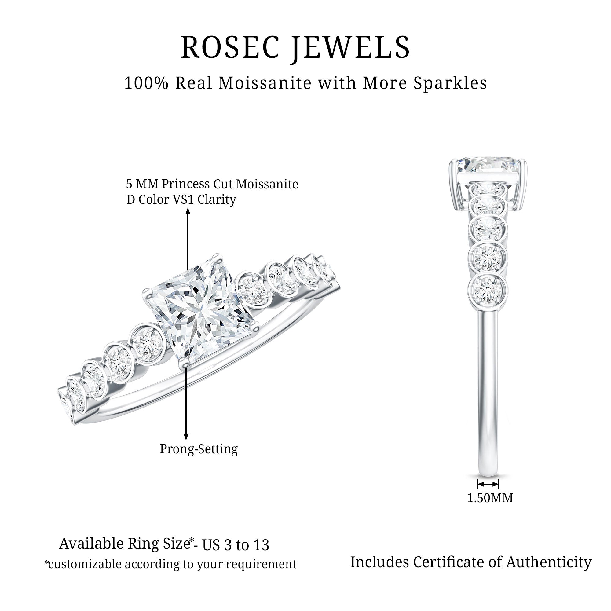 Square Cut Moissanite Engagement Ring with Side Stones
