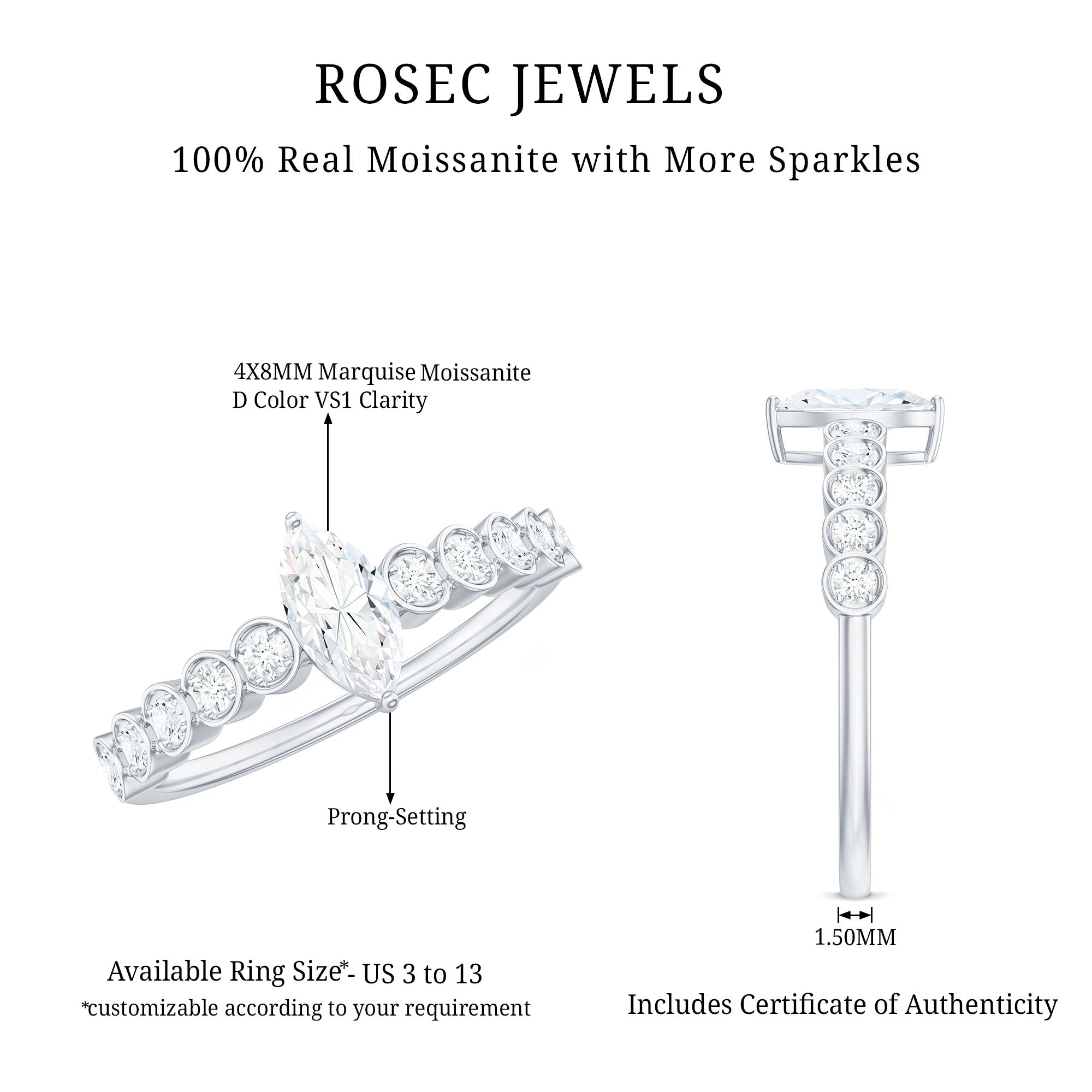0.7 Carat Marquise Cut Moissanite Solitaire Engagement Ring with Side Stones