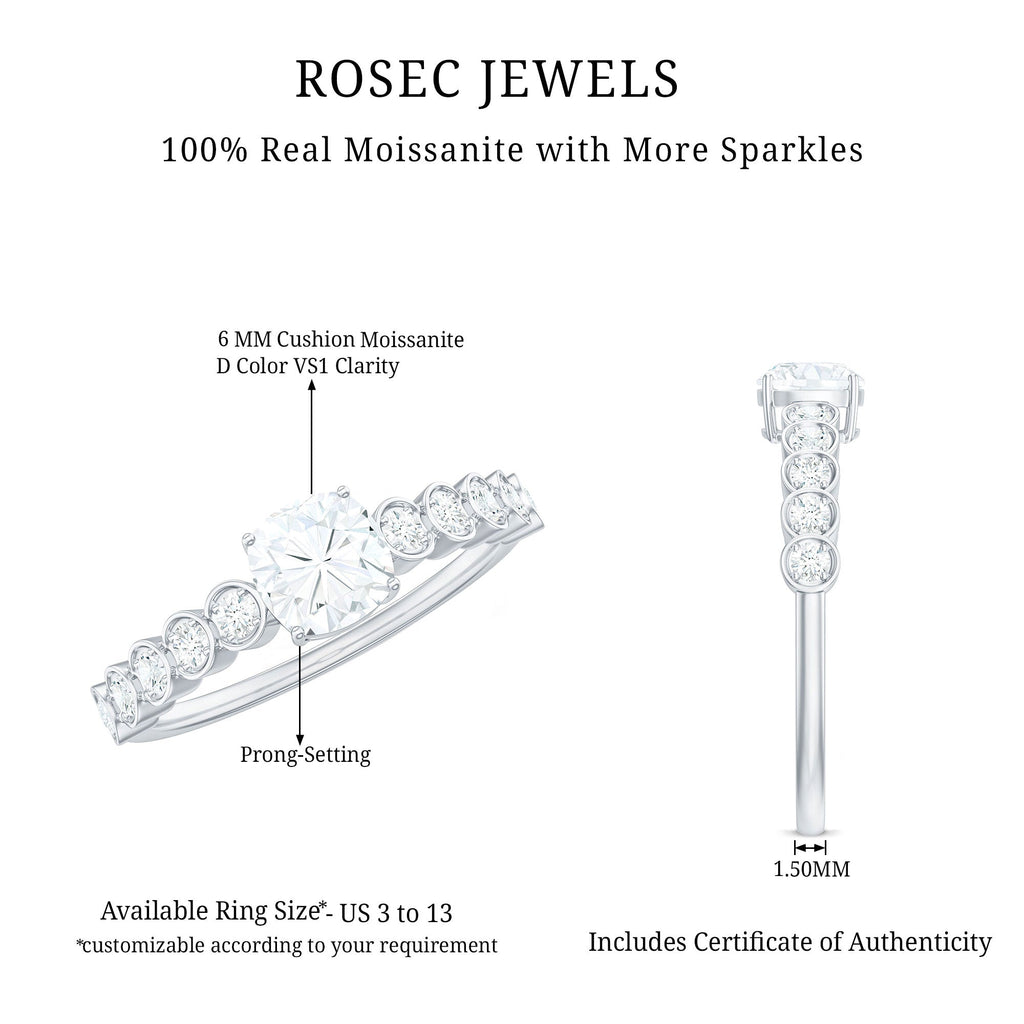 1.7 Carat Cushion Cut Moissanite Solitaire Engagement Ring with Side Stones