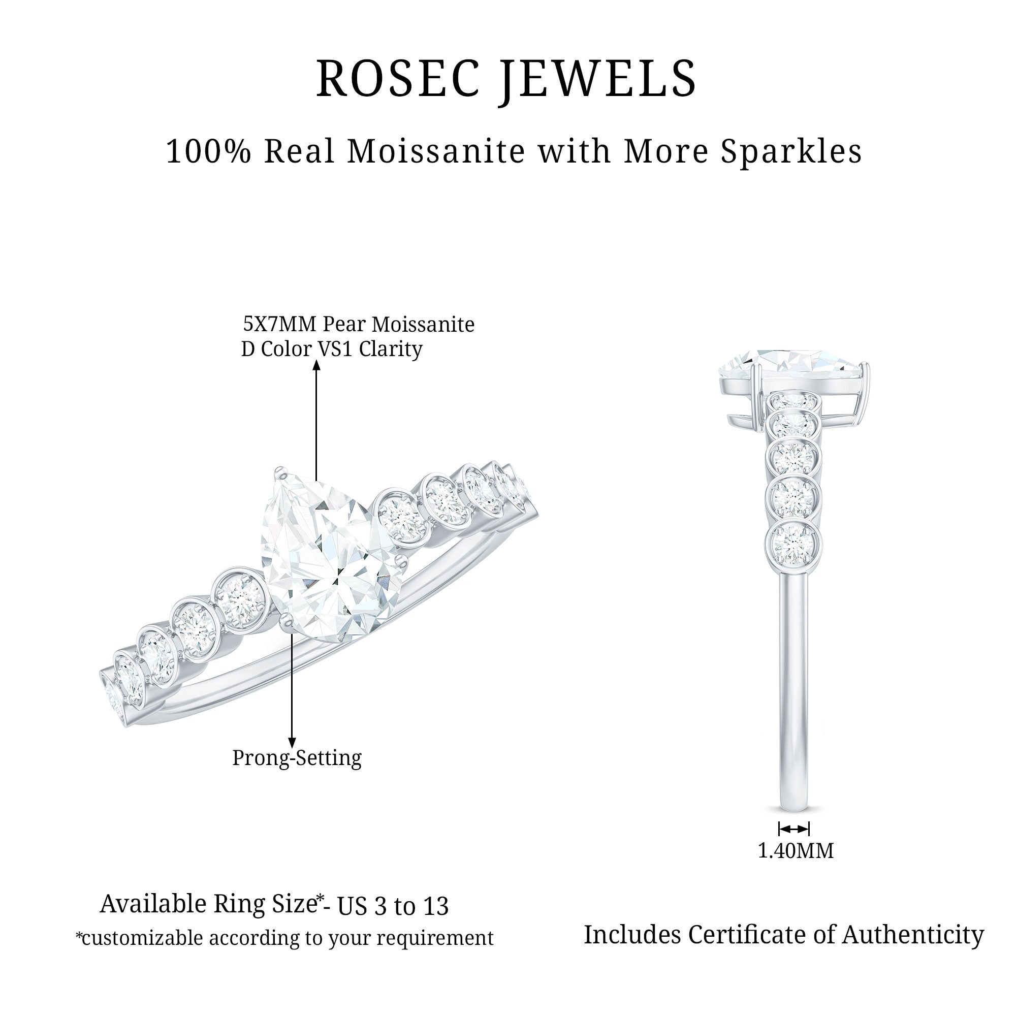 0.7 Carat Pear Cut Moissanite Teardrop Engagement Ring with Side Stones