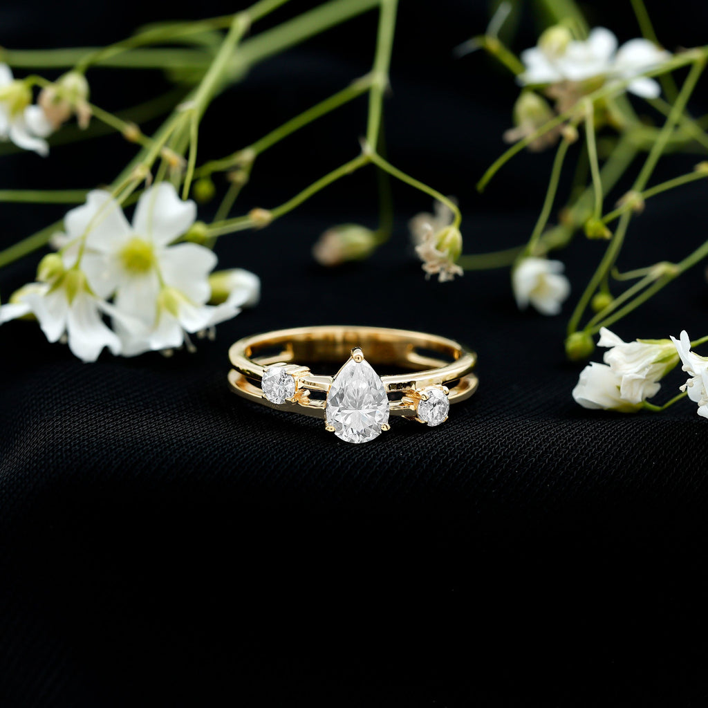 Pear Cut Moissanite Engagement Ring with Double Band