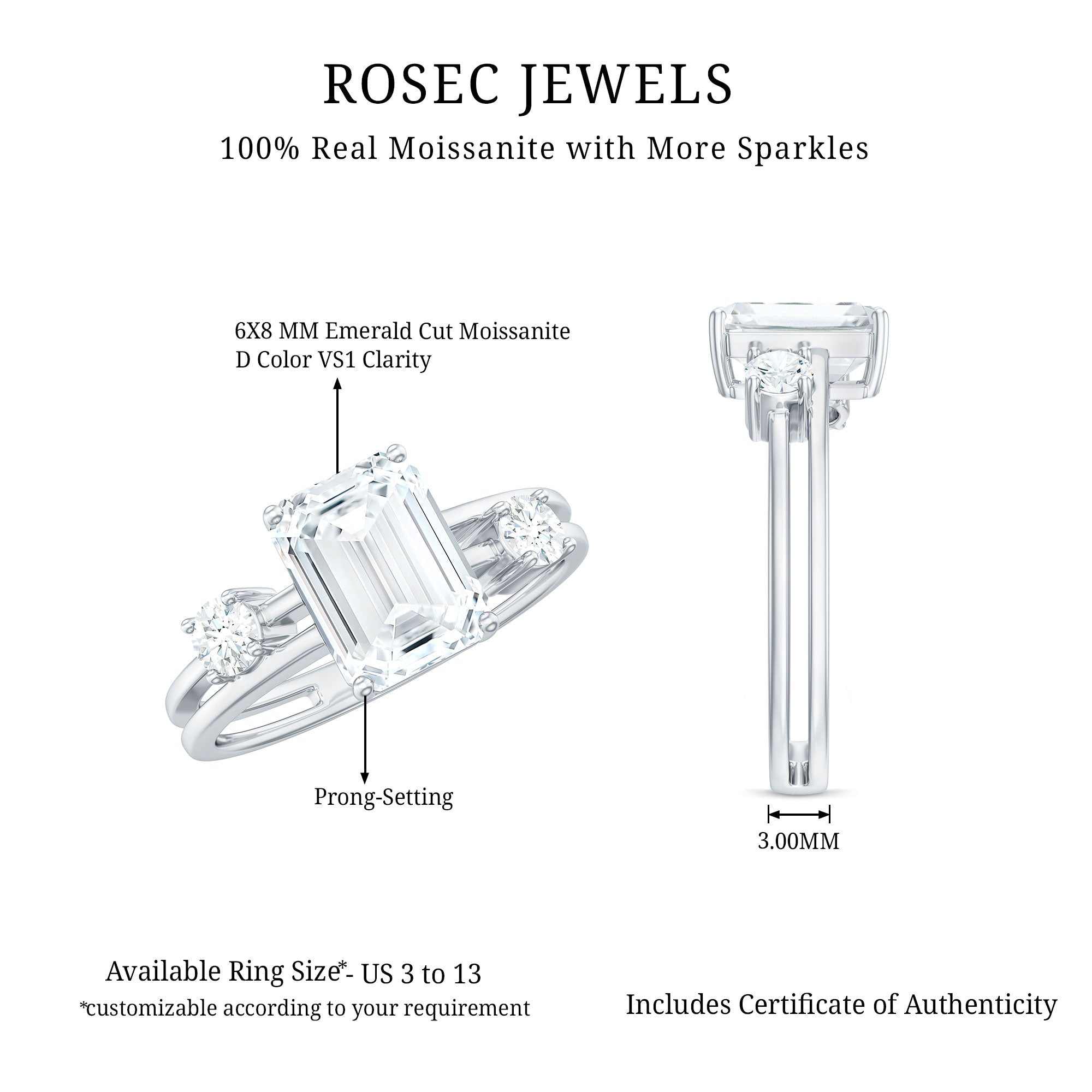1.8 Carat Emerald Cut Moissanite Solitaire Double Band Engagement Ring