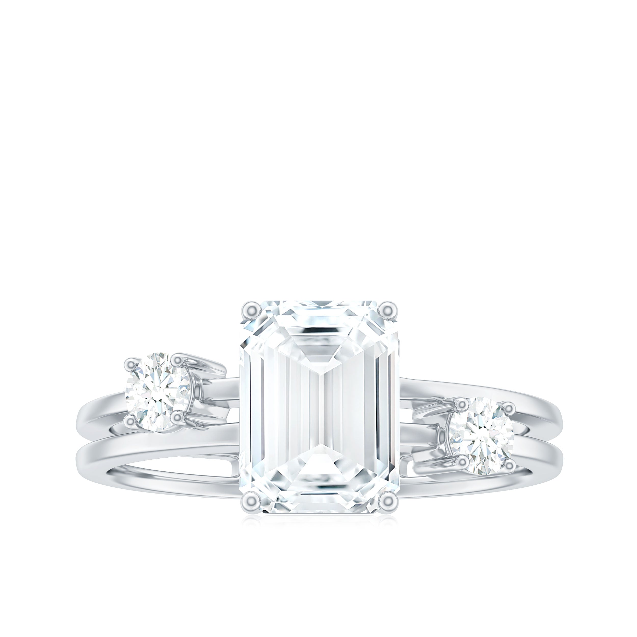 1.8 Carat Emerald Cut Moissanite Solitaire Double Band Engagement Ring