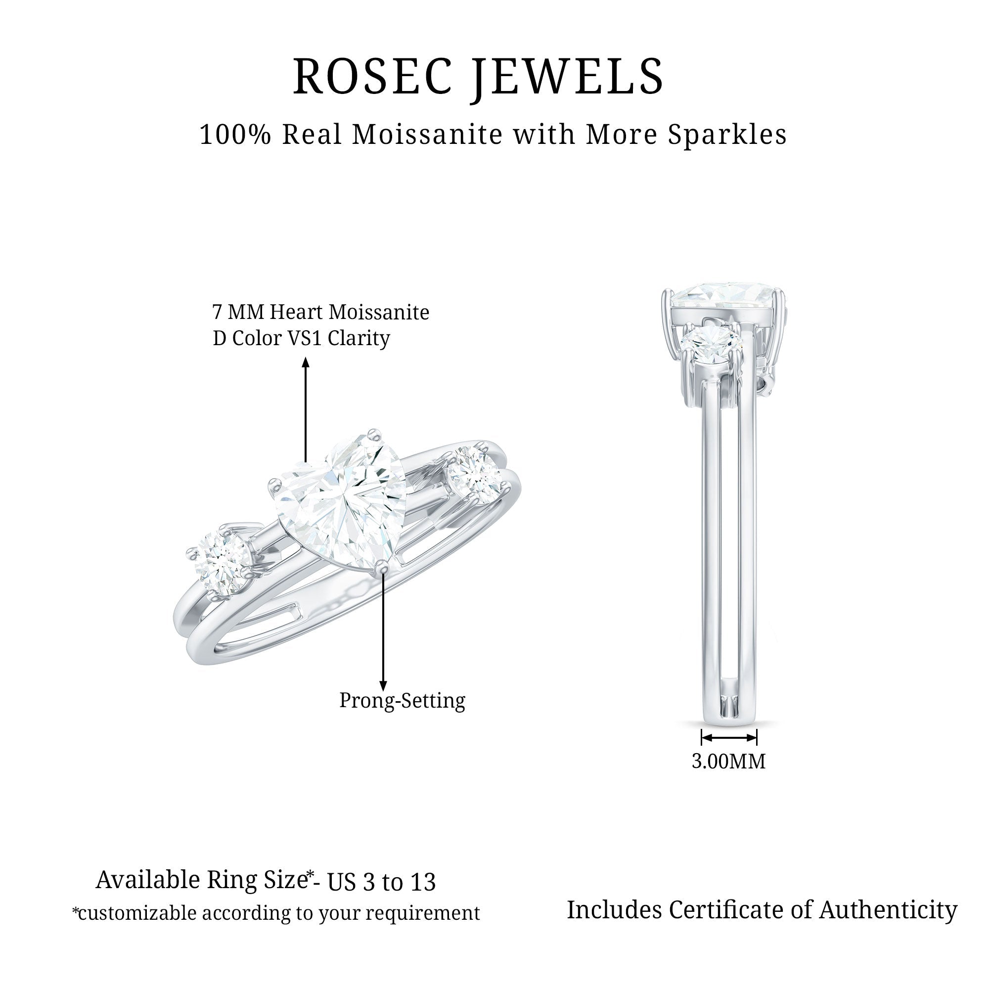 1.5 Carat Heart Shape Moissanite Solitaire Double Band Engagement Ring