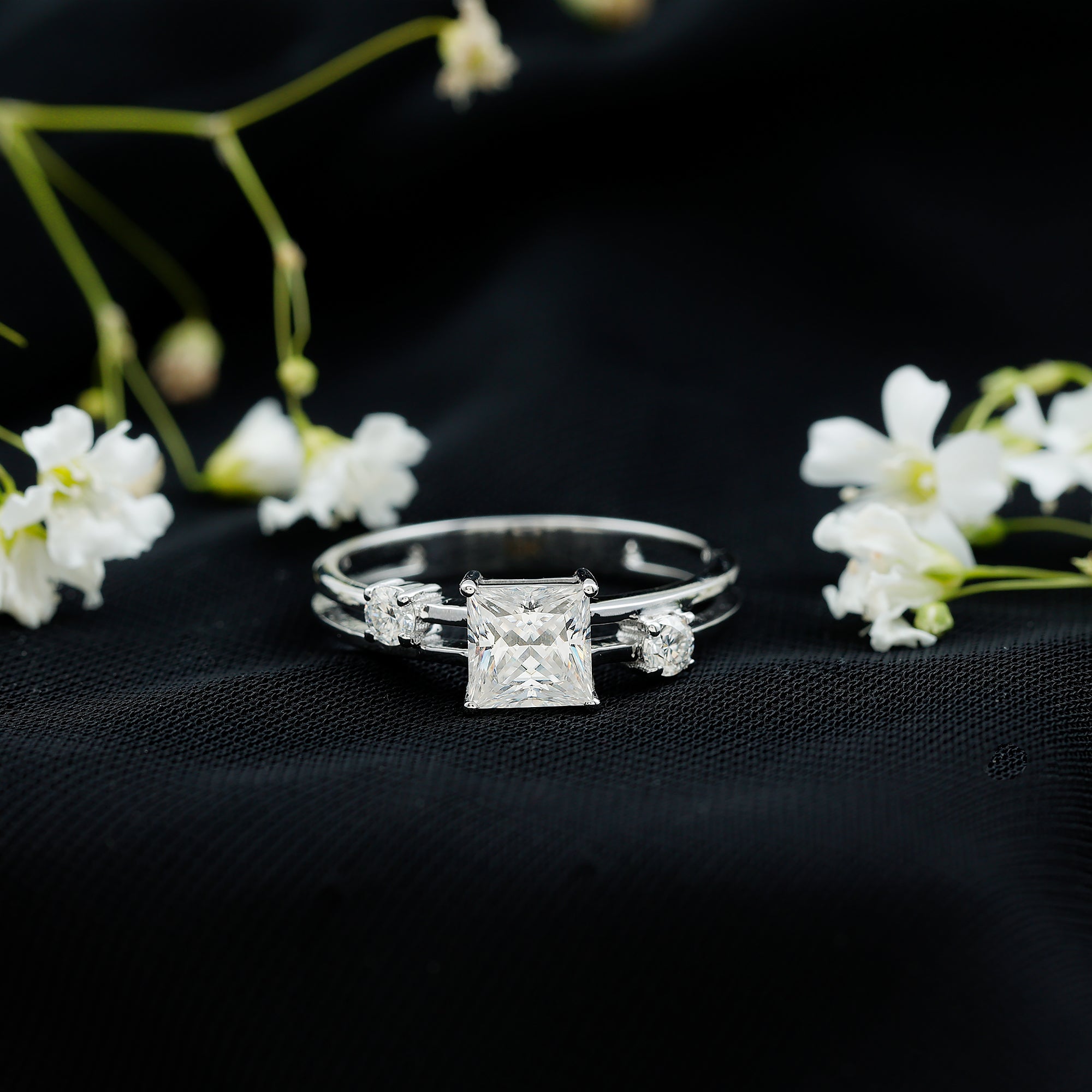 Princess Cut Moissanite Engagement Ring with Double Band