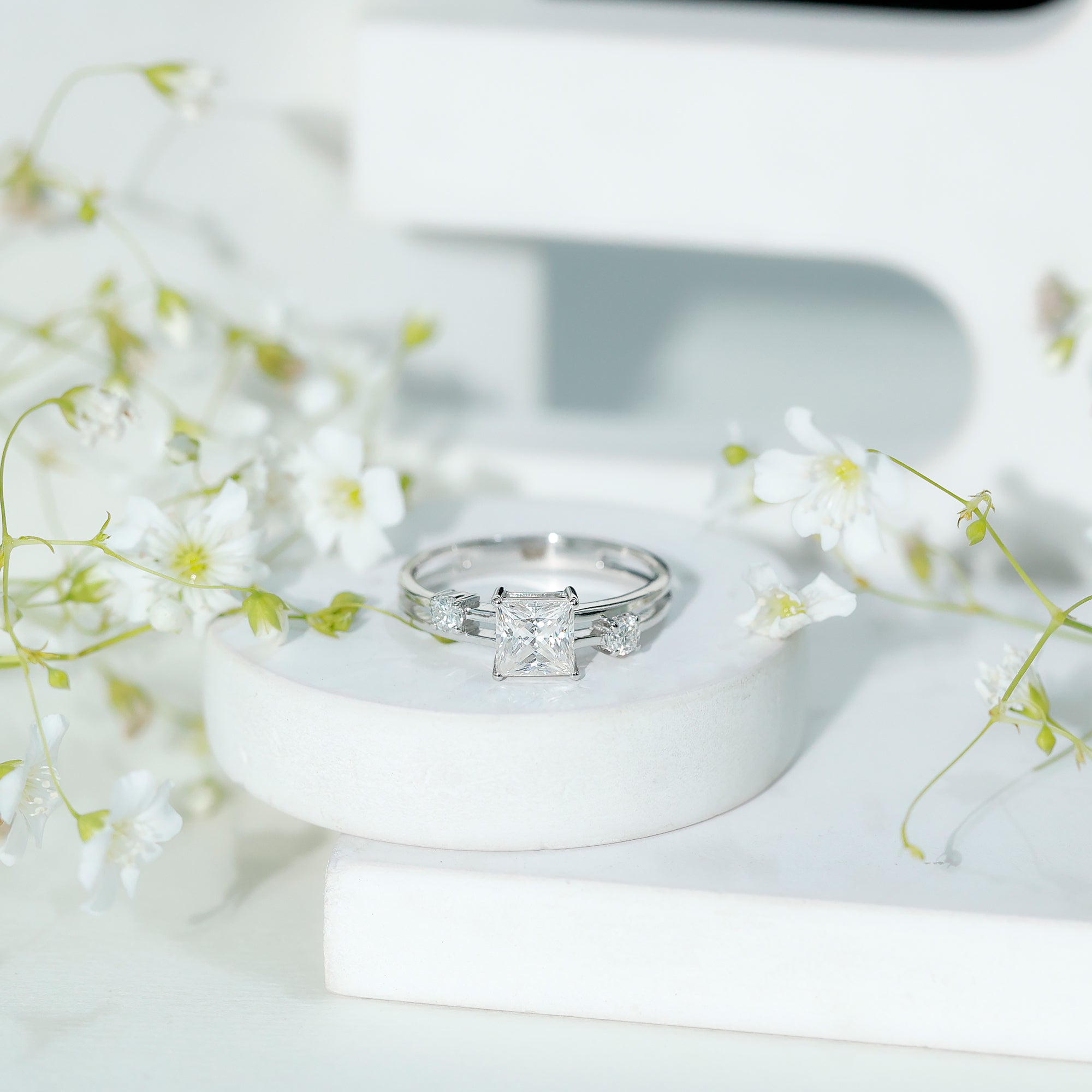 Princess Cut Moissanite Engagement Ring with Double Band