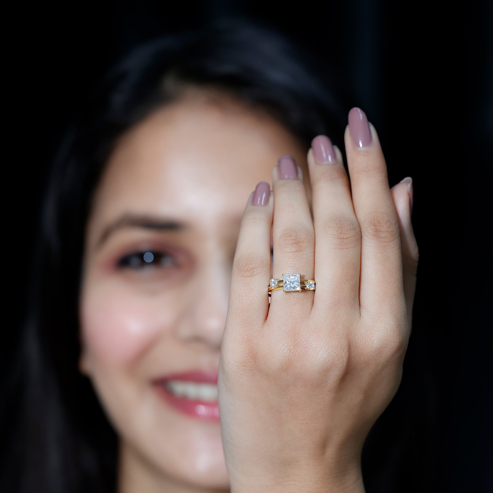 Princess Cut Moissanite Engagement Ring with Double Band