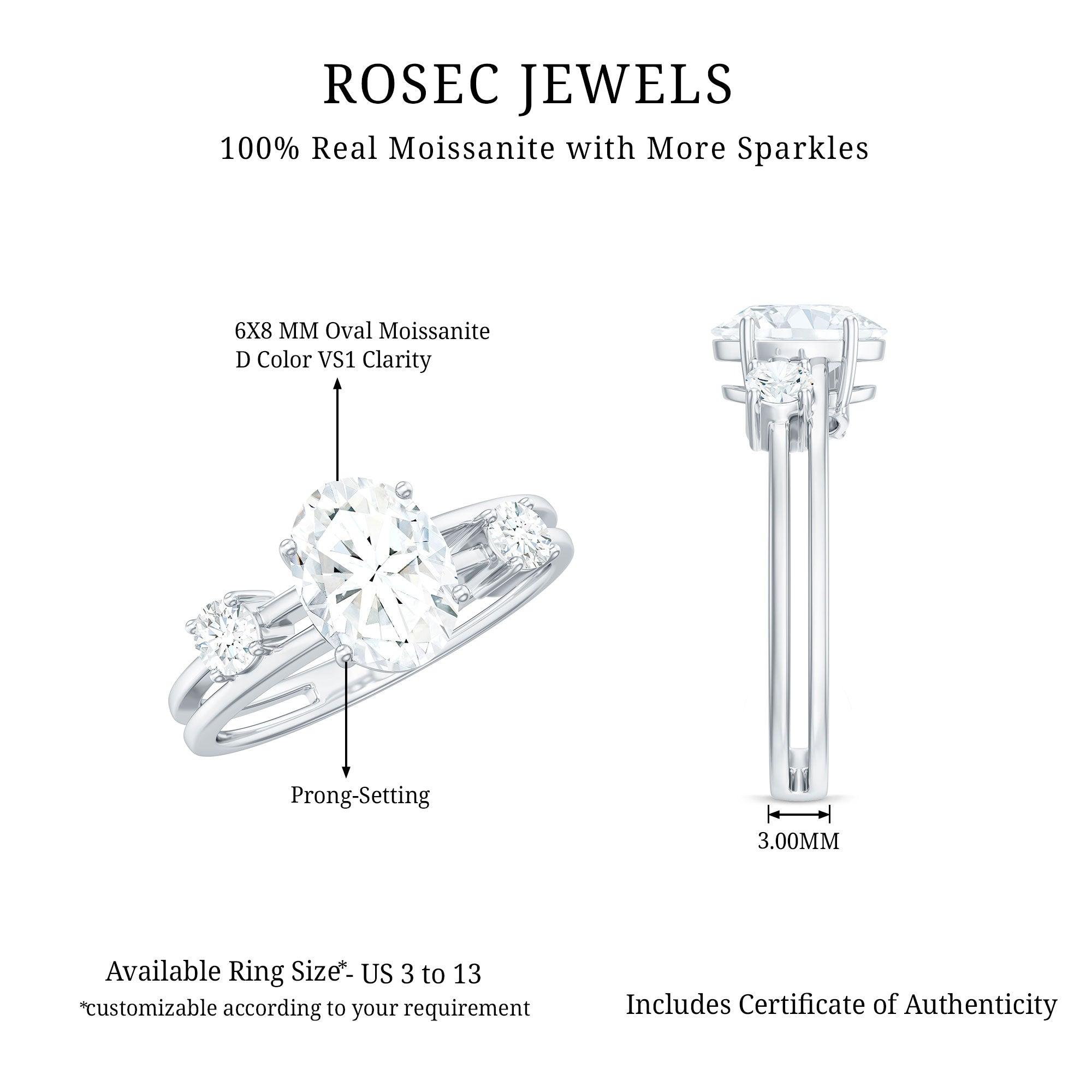1.2 Carat Oval Cut Certified Moissanite Solitaire Engagement Ring