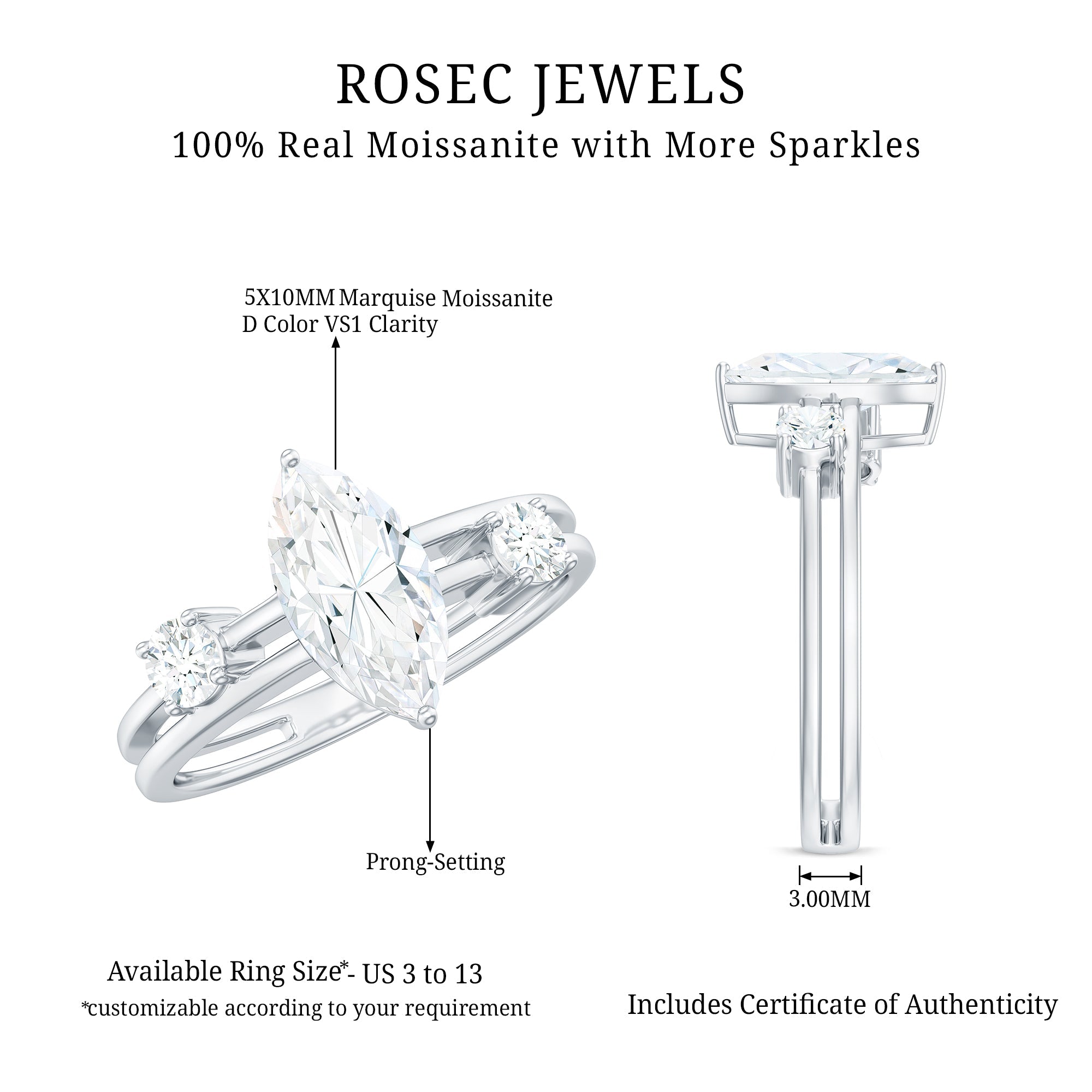 Certified Moissanite Marquise Engagement Ring