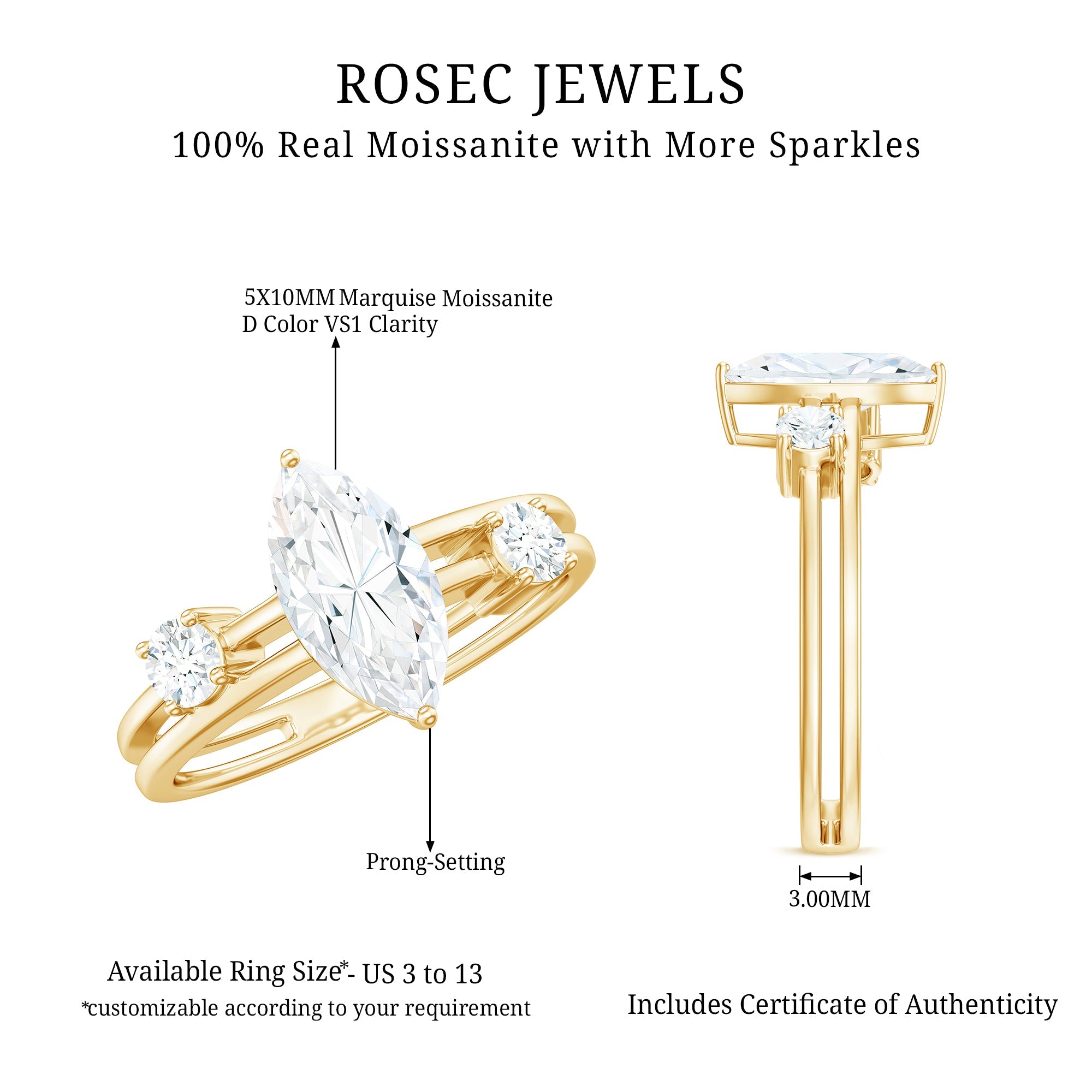 Certified Moissanite Marquise Engagement Ring