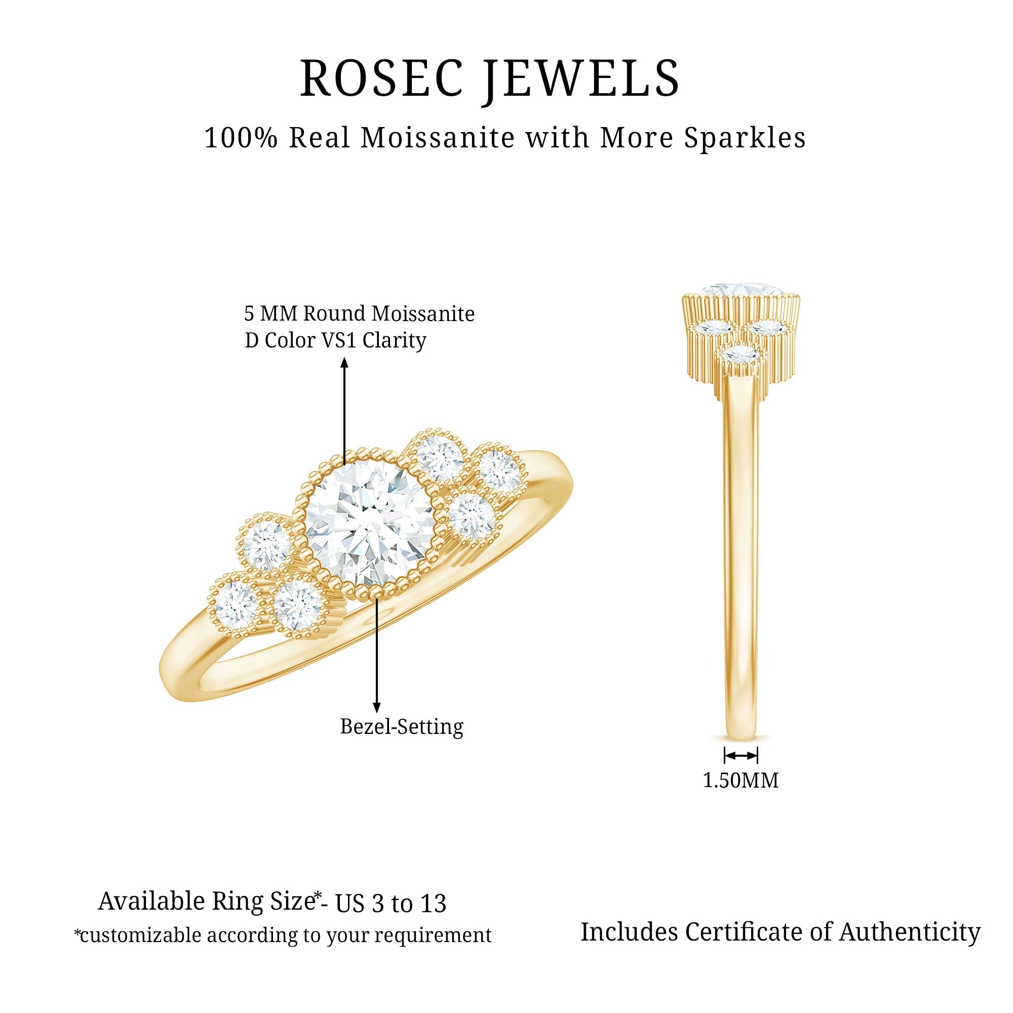 Moissanite Classic Engagement Ring with Beaded Details