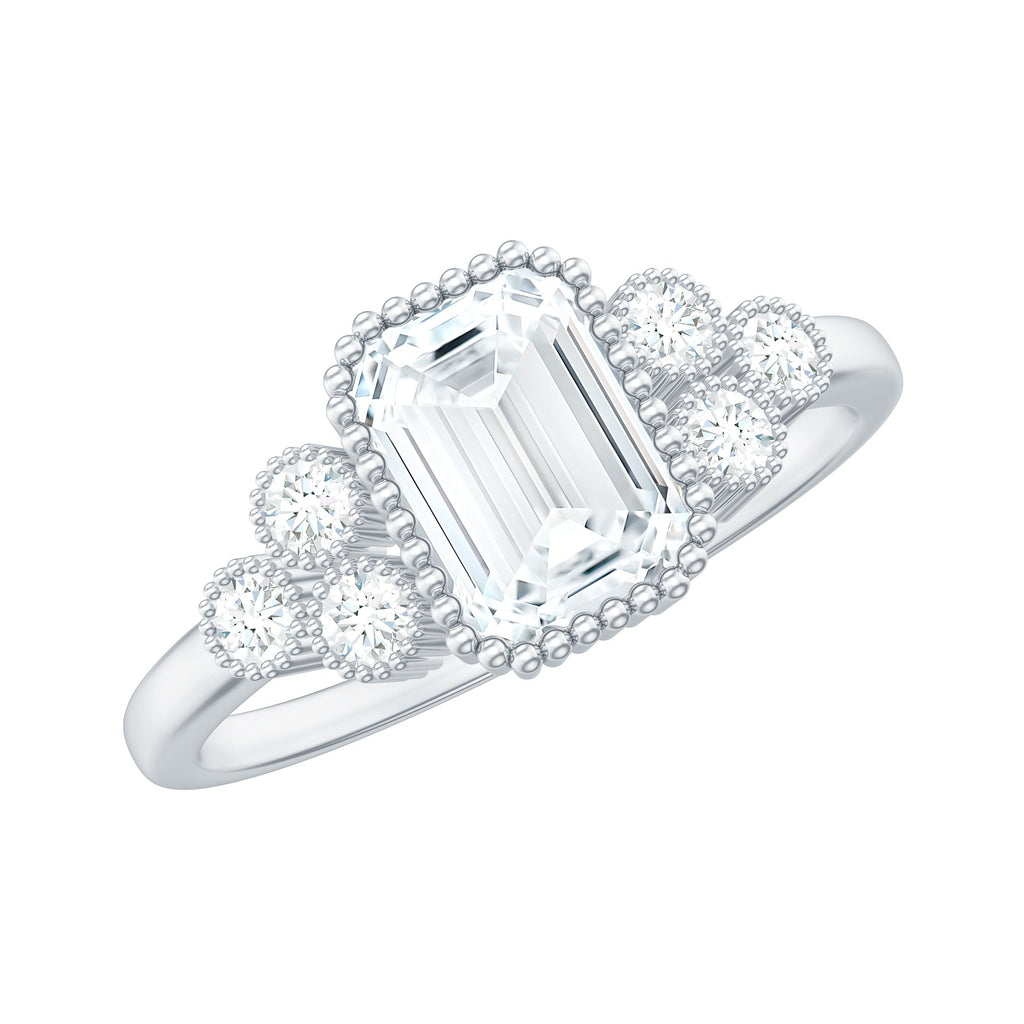 1.8 Carat Emerald Cut Moissanite Classic Engagement Ring with Beaded Details