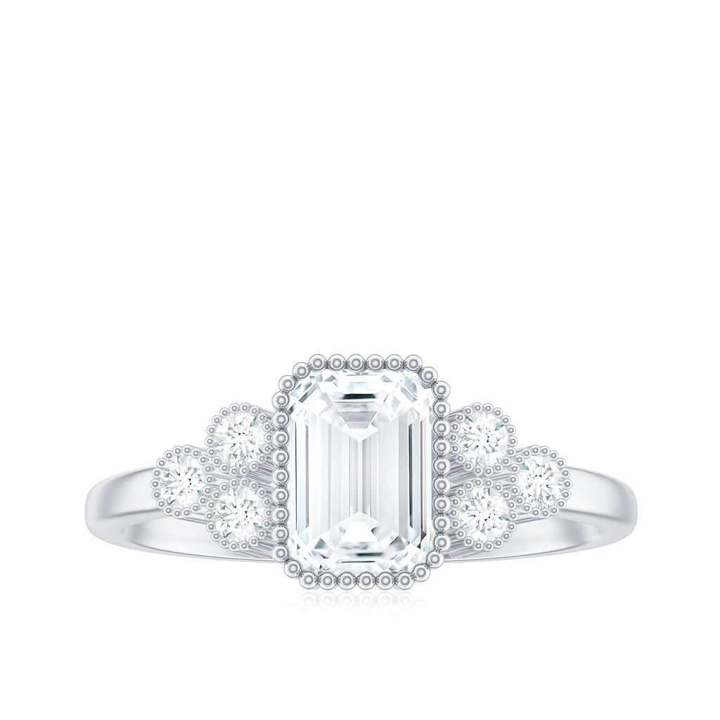 1.8 Carat Emerald Cut Moissanite Classic Engagement Ring with Beaded Details