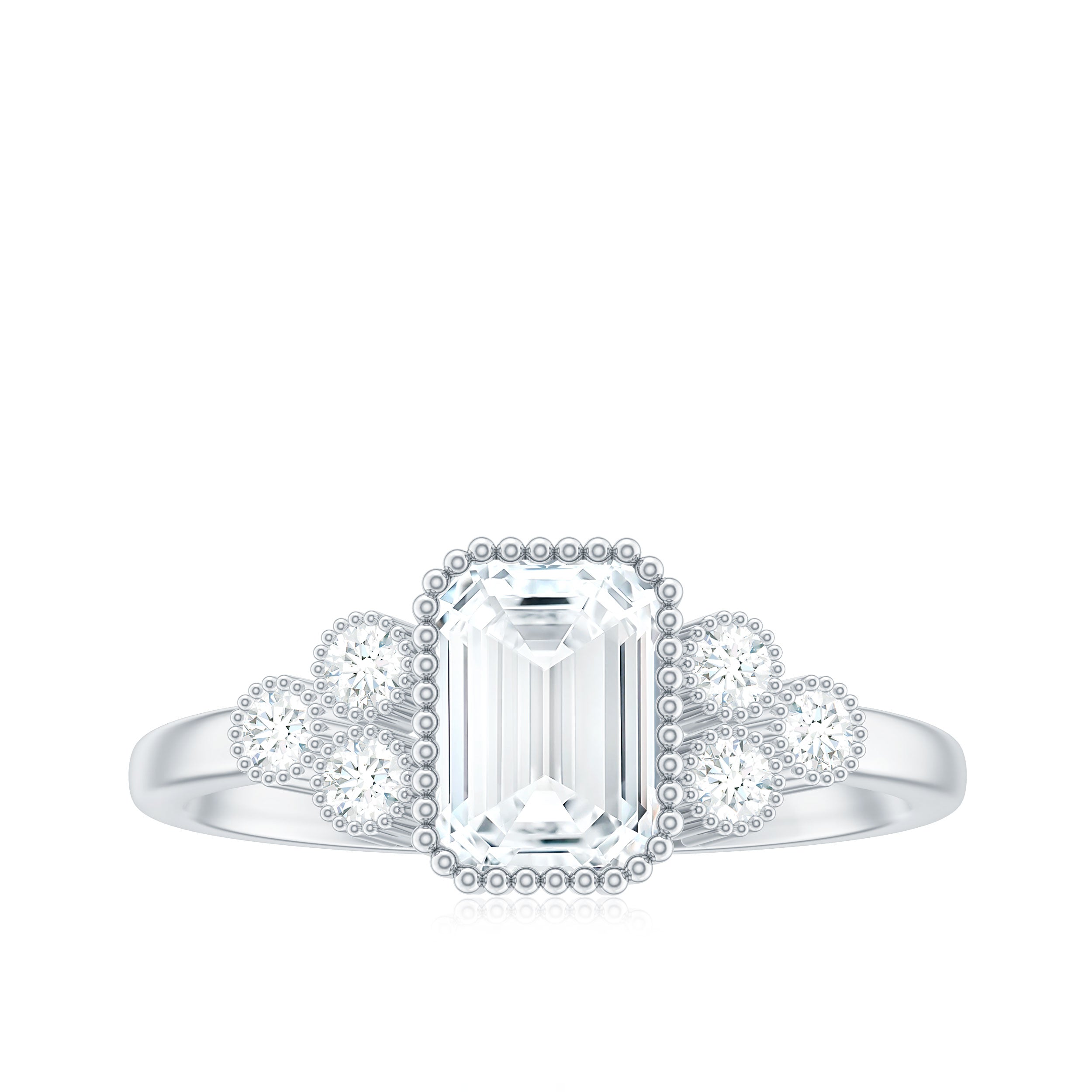 1.8 Carat Emerald Cut Moissanite Classic Engagement Ring with Beaded Details