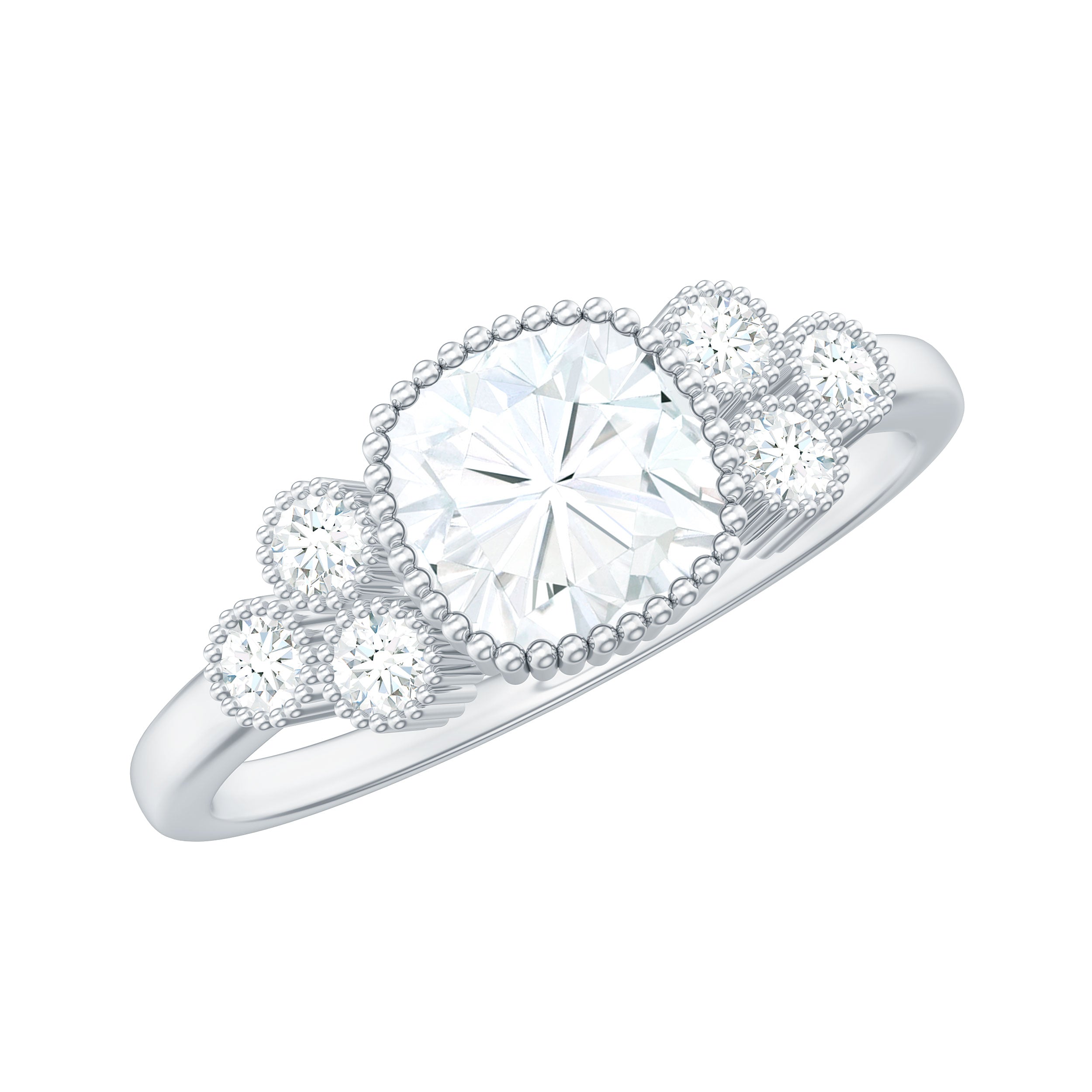 1.7 Carat Cushion Cut Moissanite Engagement Ring with Cluster Accent