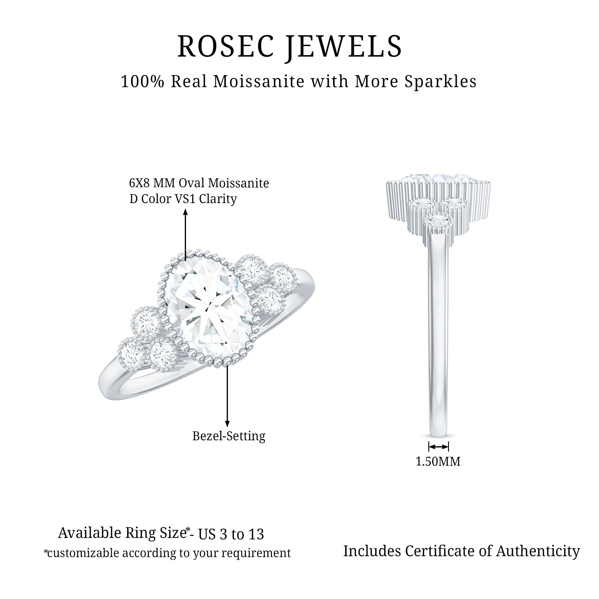 1.2 Carat Oval Cut Moissanite Classic Engagement Ring with Trio