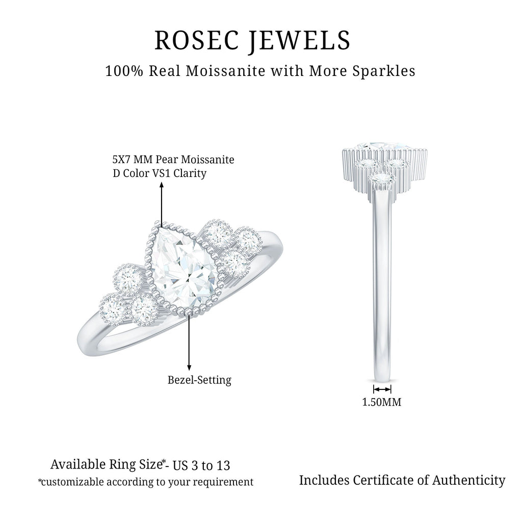 0.7 Carat Pear Shaped Moissanite Classic Engagement Ring with Beaded Details