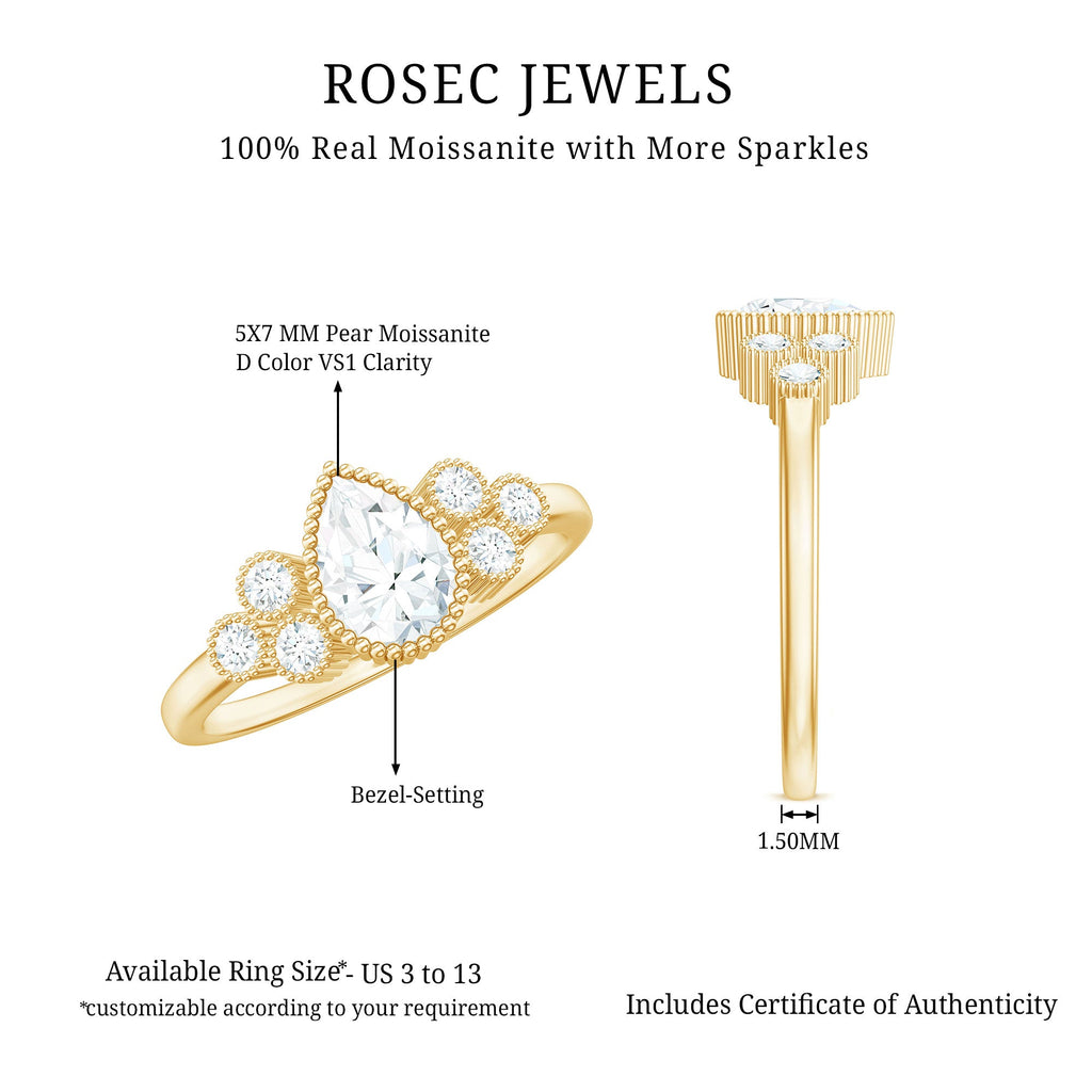 0.7 Carat Pear Shaped Moissanite Classic Engagement Ring with Beaded Details