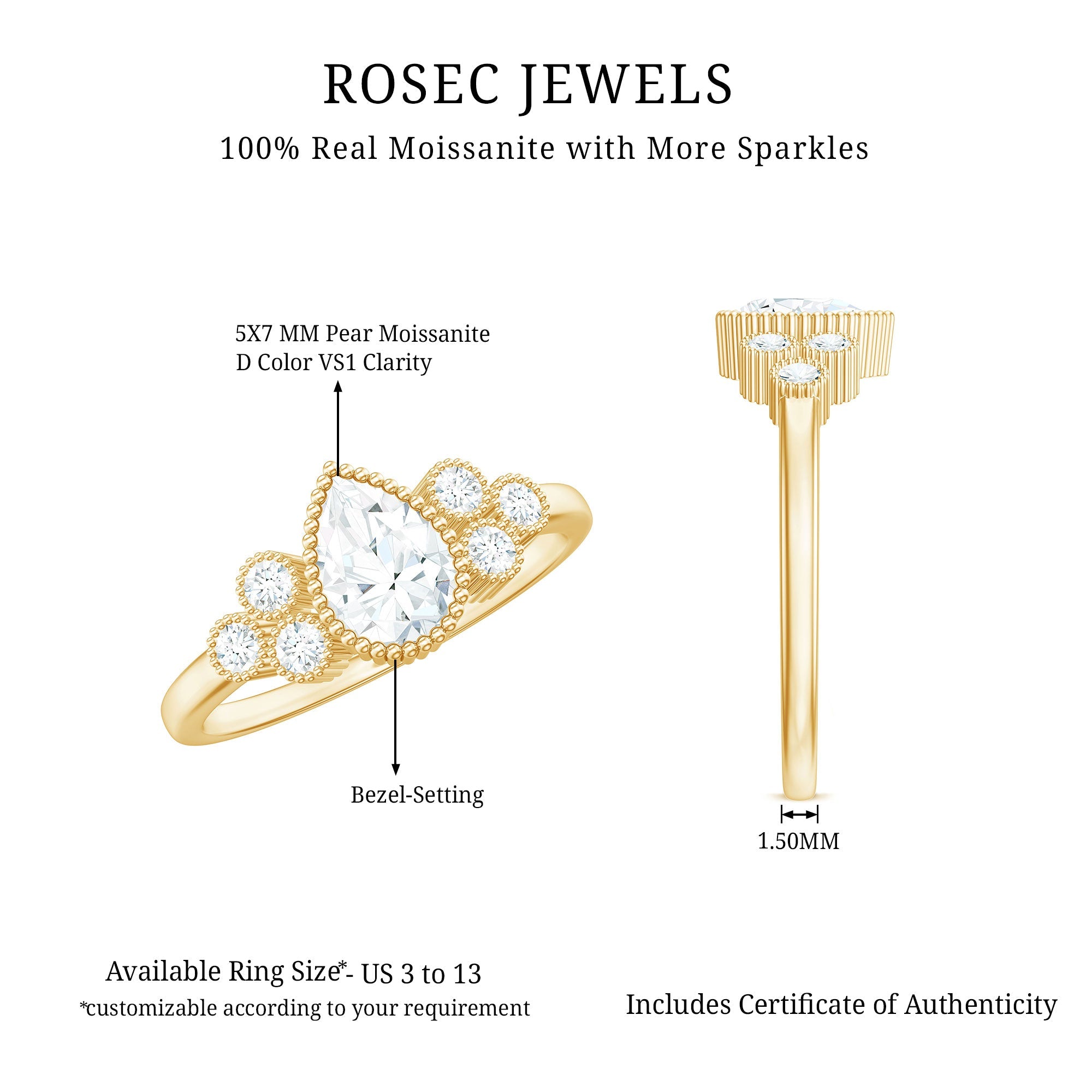 0.7 Carat Pear Shaped Moissanite Classic Engagement Ring with Beaded Details