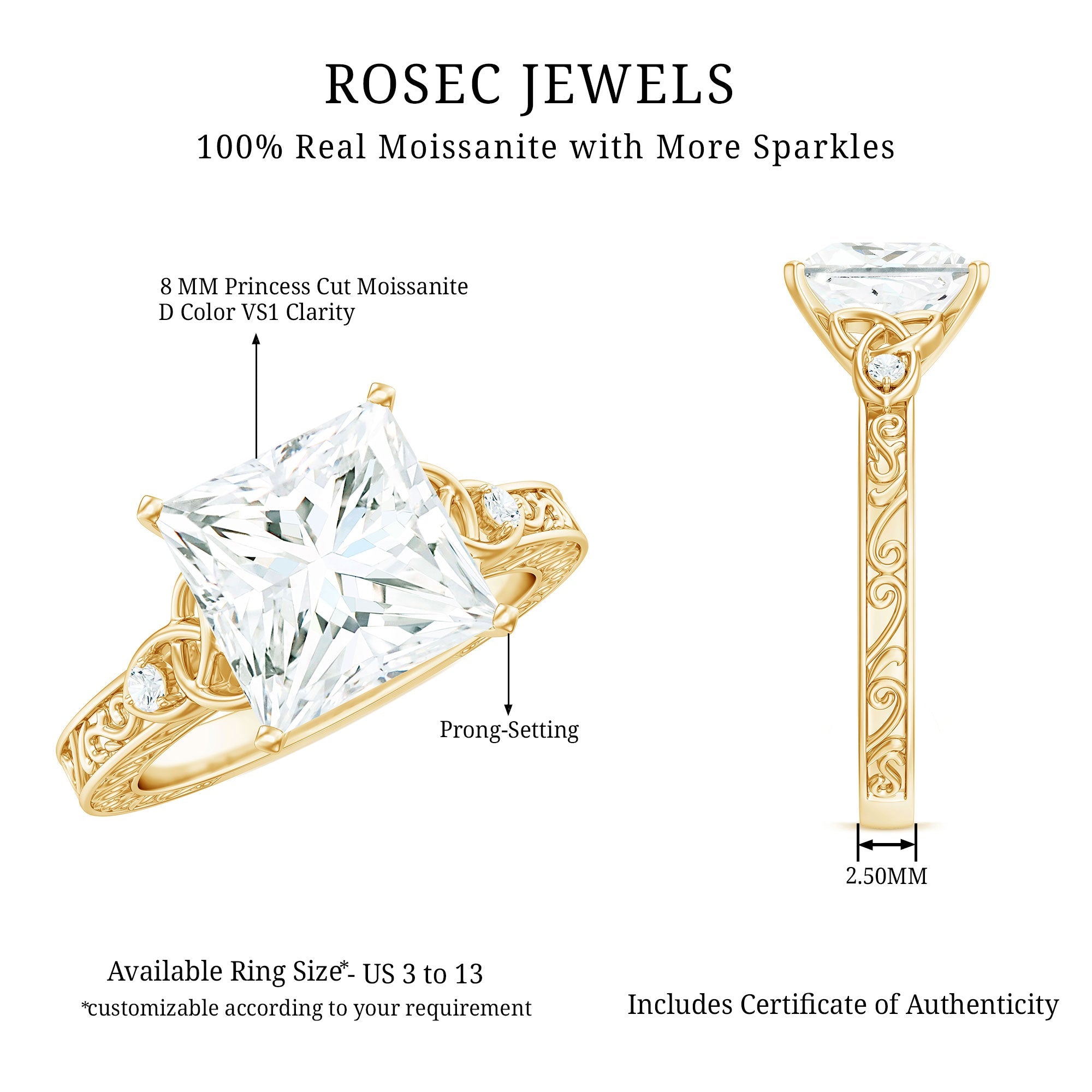 Antique Style 3 Carat Princess Cut Moissanite Celtic Knot Engagement Ring
