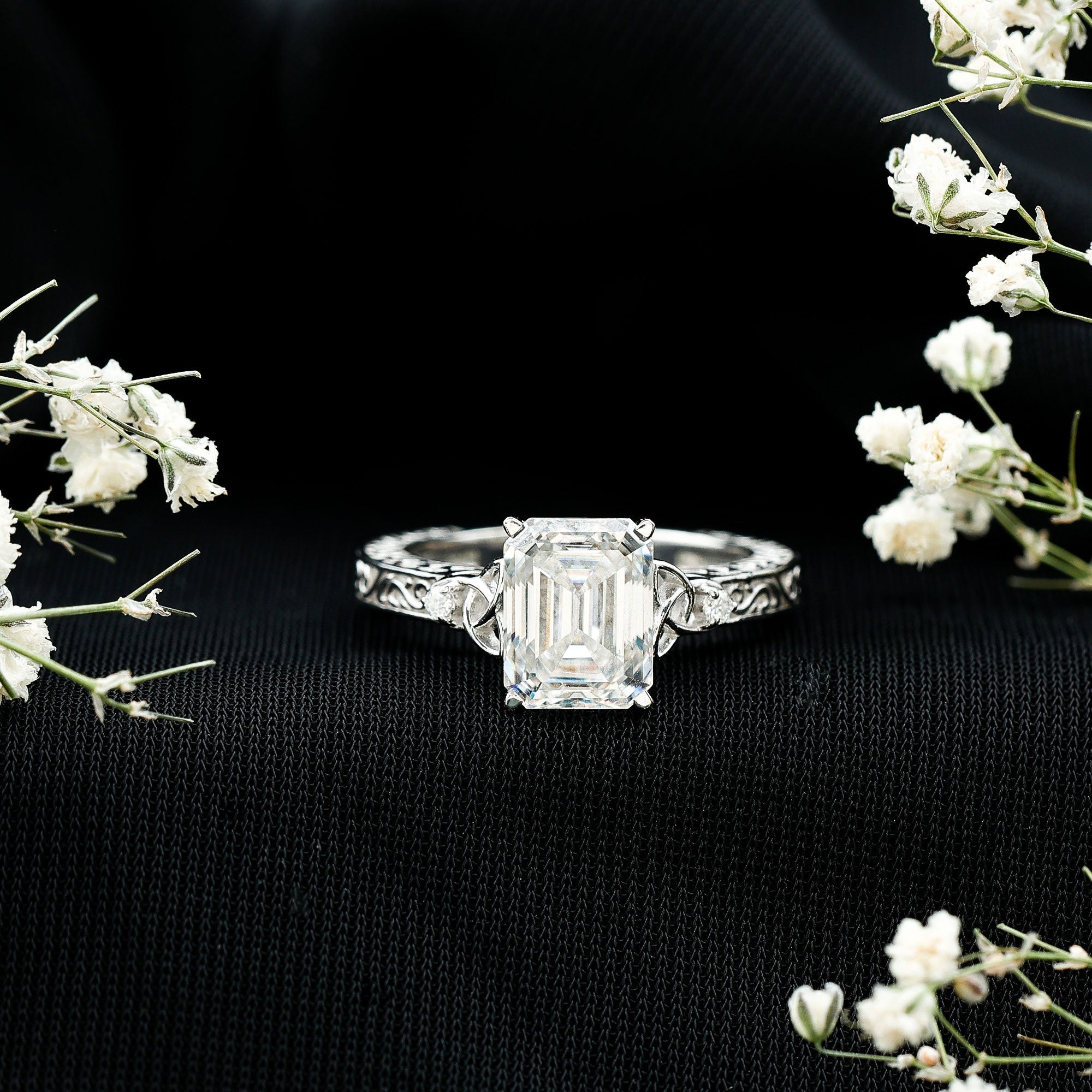 2.8 Carat Emerald Cut Moissanite Solitaire Celtic Ring with Engraved Shank