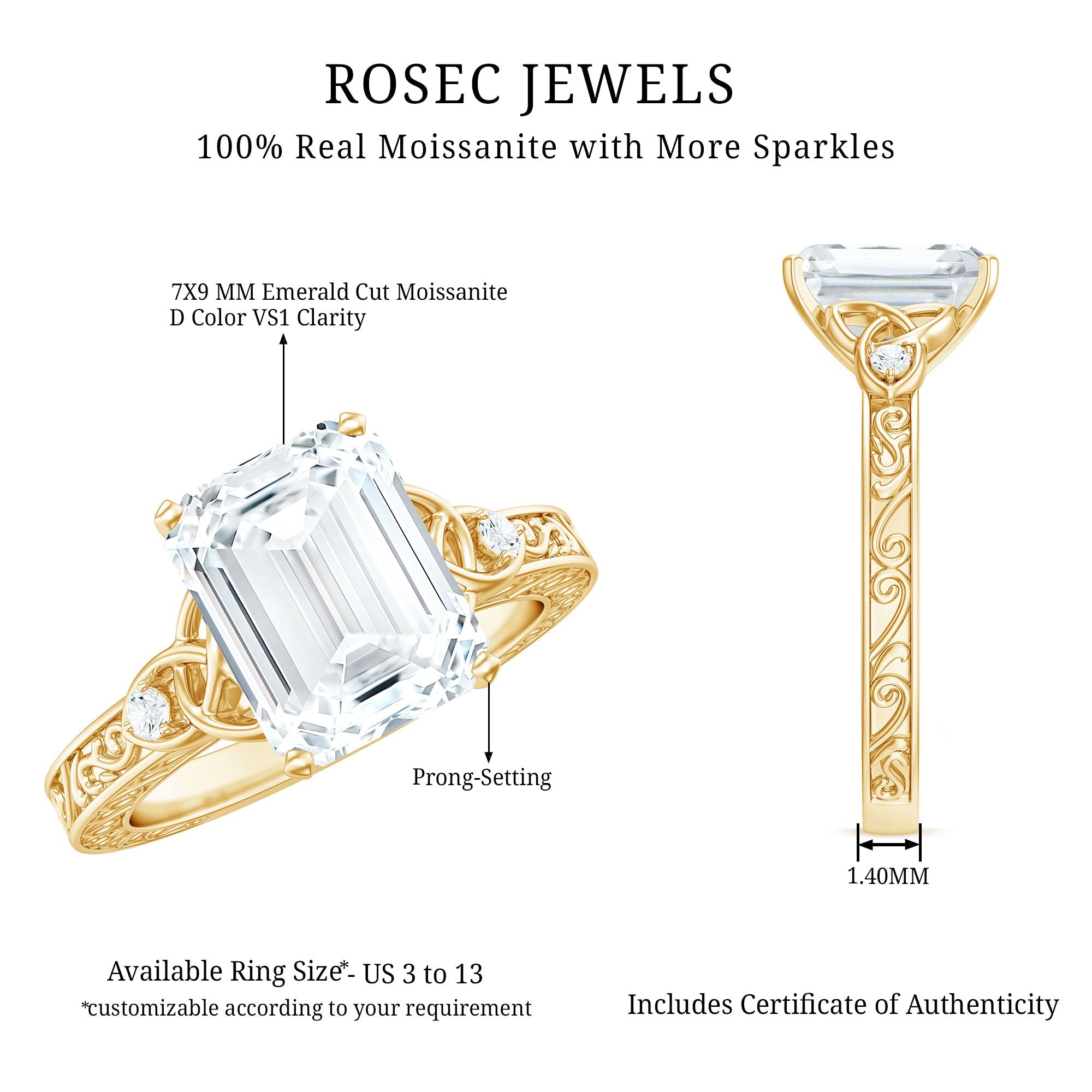 2.8 Carat Emerald Cut Moissanite Solitaire Celtic Ring with Engraved Shank