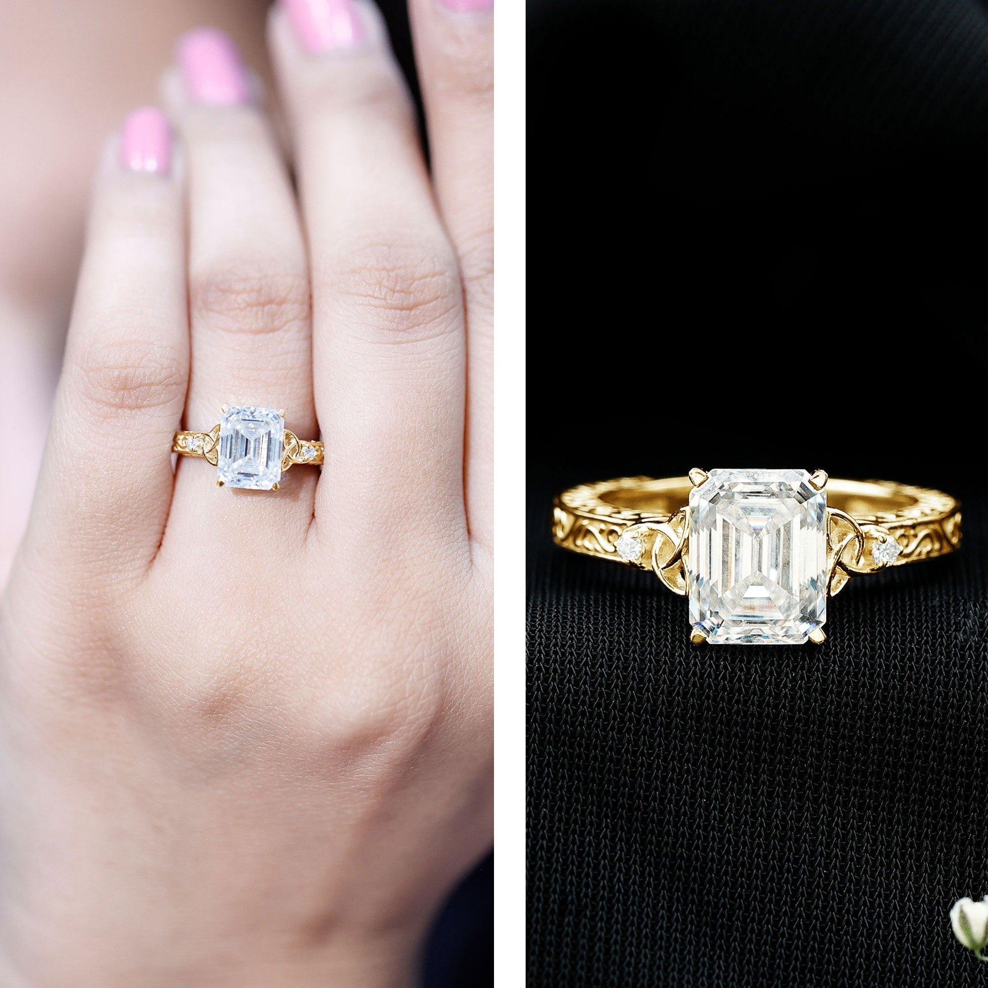 2.8 Carat Emerald Cut Moissanite Solitaire Celtic Ring with Engraved Shank