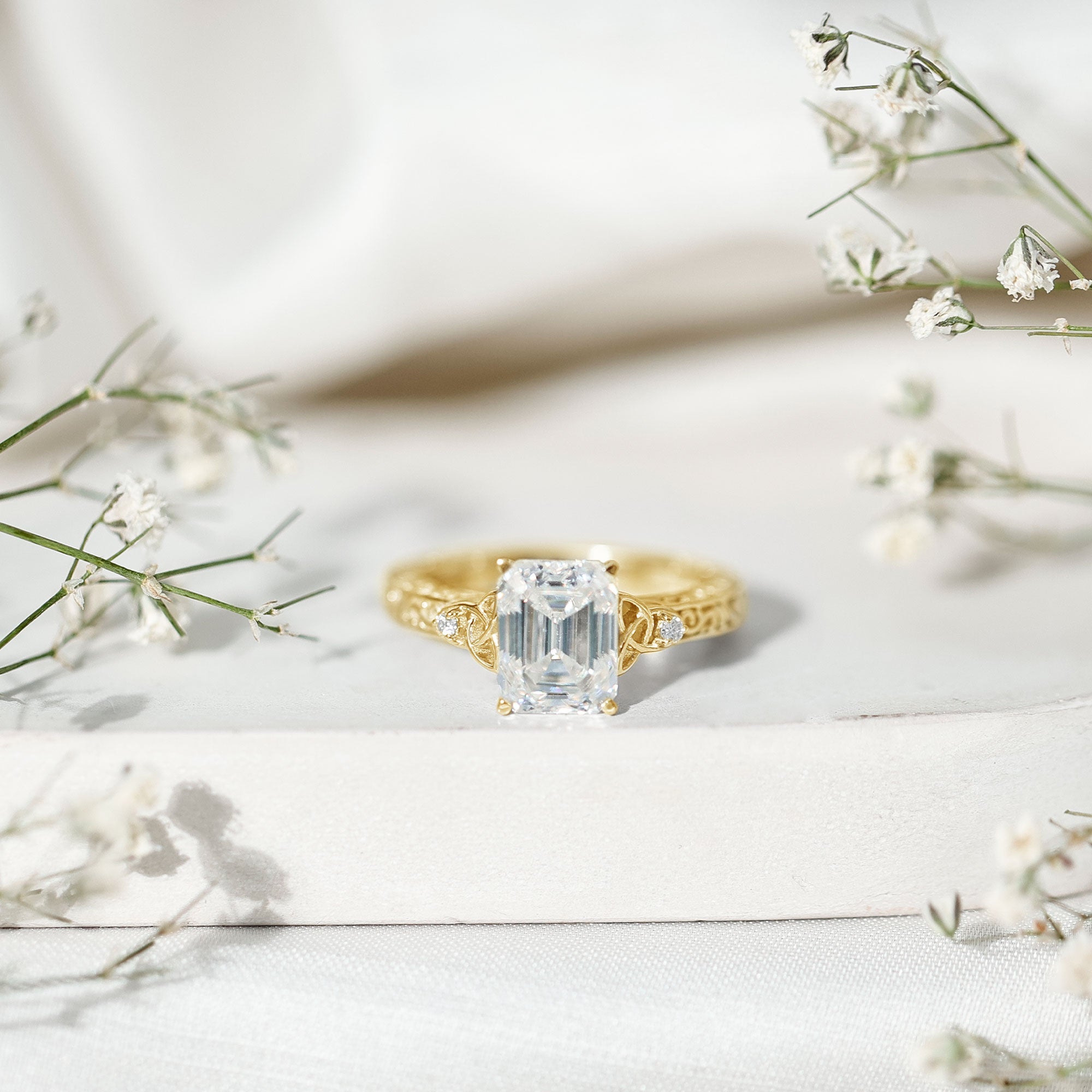 2.8 Carat Emerald Cut Moissanite Solitaire Celtic Ring with Engraved Shank