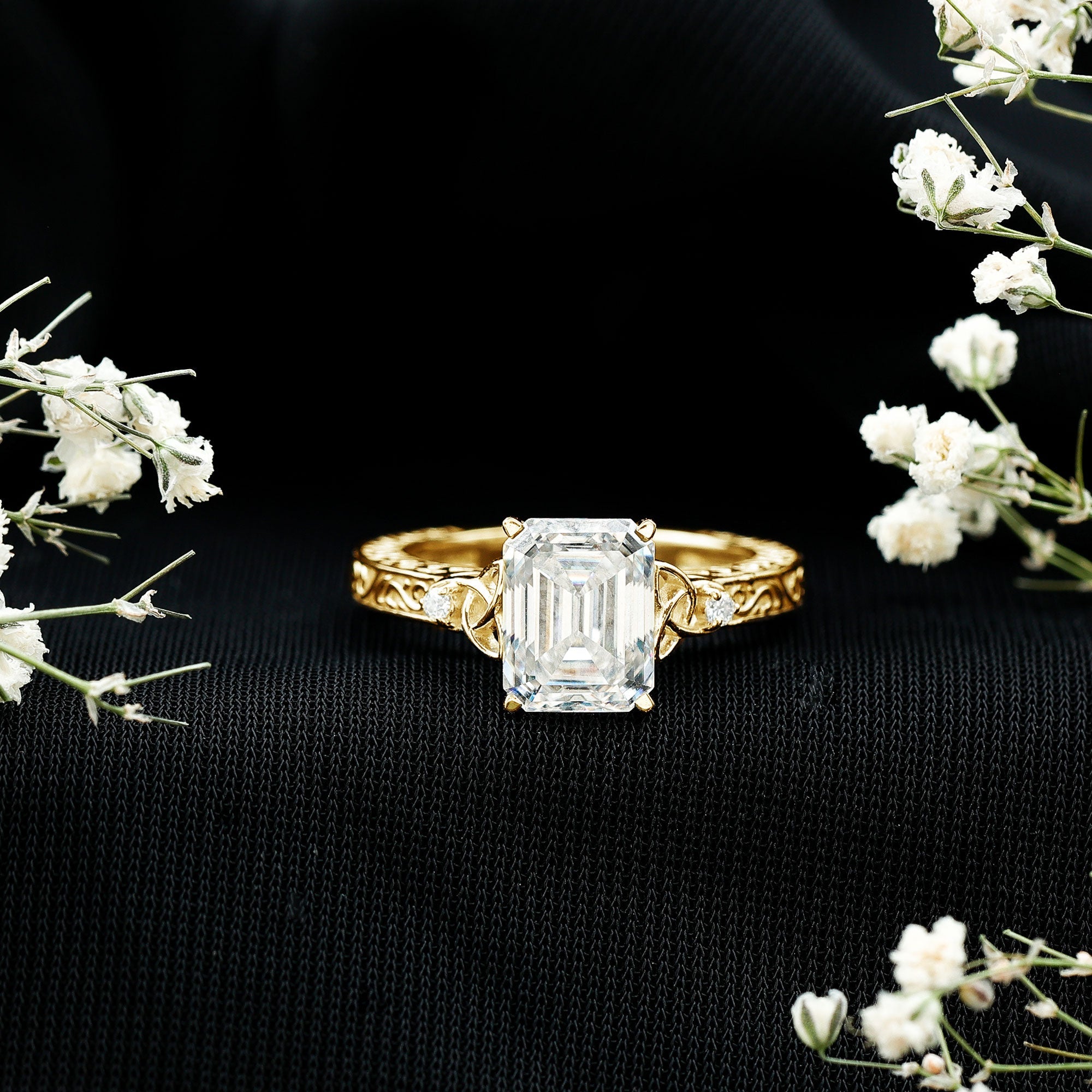 2.8 Carat Emerald Cut Moissanite Solitaire Celtic Ring with Engraved Shank