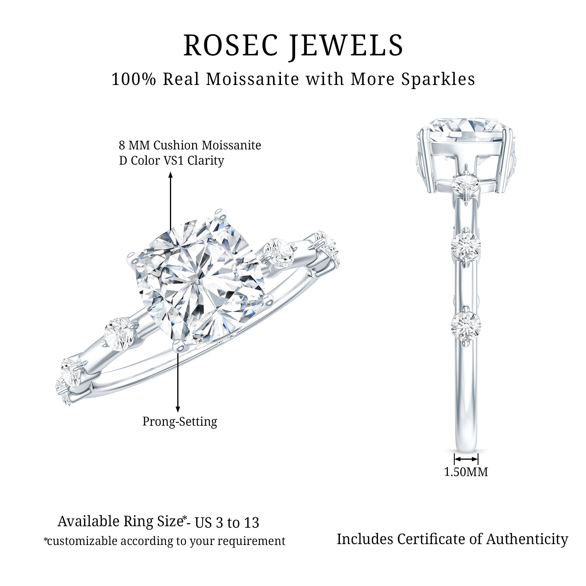 Certified Cushion Cut Moissanite Huge Engagement Ring